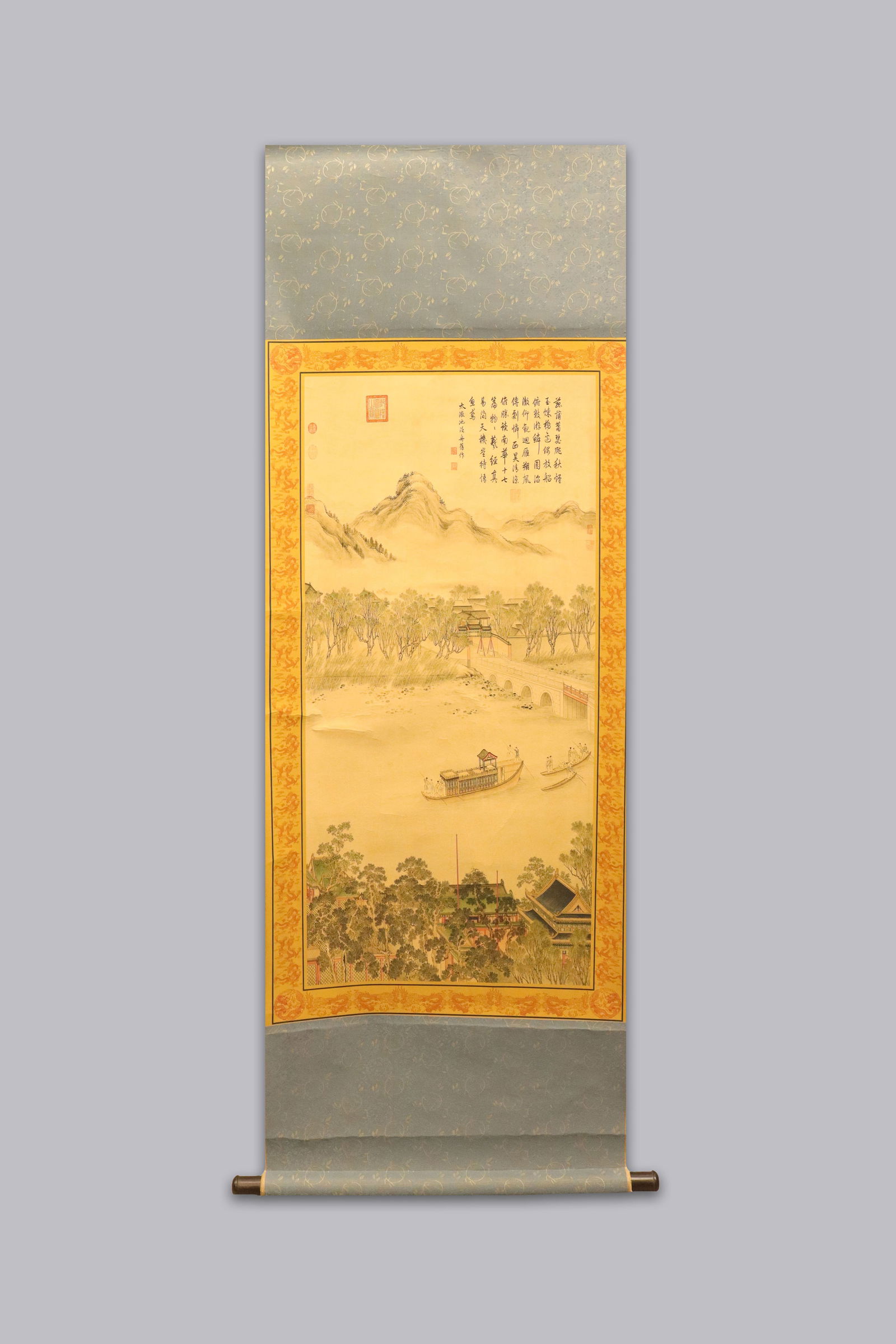 Chinese long scroll with box: Chinese long scroll with wooden box.