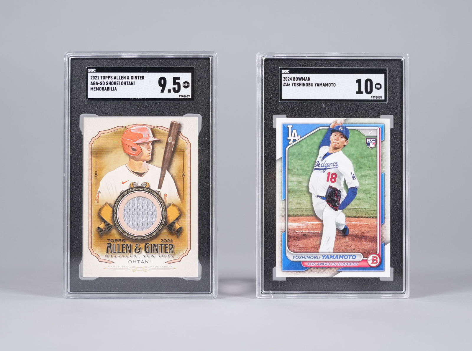 Shohei and Yamamoto graded baseball cards: Sohei SGC graded relic card, and Yoshinobu Yamamoto SGC graded cards.