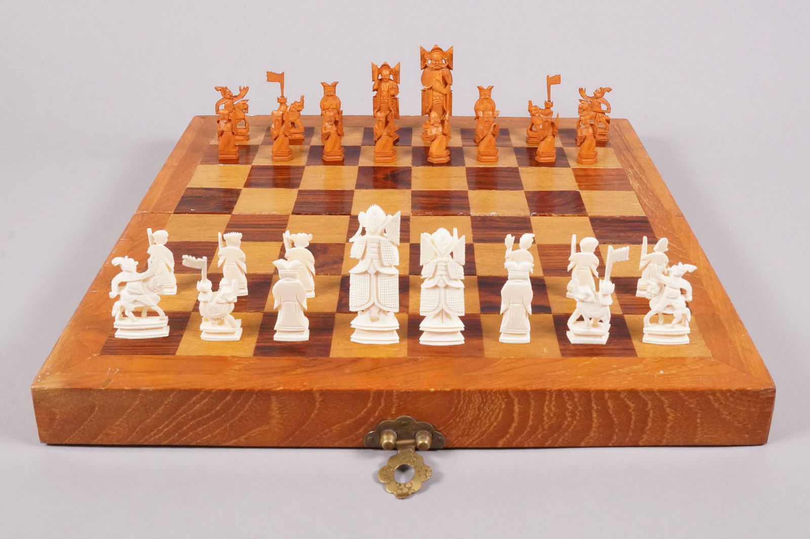 Antique Asian chess set with board: Antique Asian chess set with board.