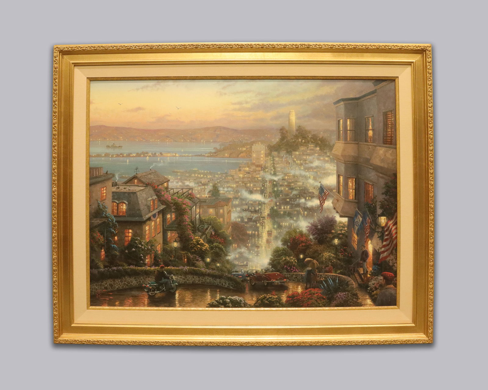 Thomas Kinkade large oil painting SF: Thomas Kinkade large oil on canvas painting, SF Lombard St. Comes with certificate of authenticity. H: 39.1" x W: 49.2." Comparabel to one in the art gallery.