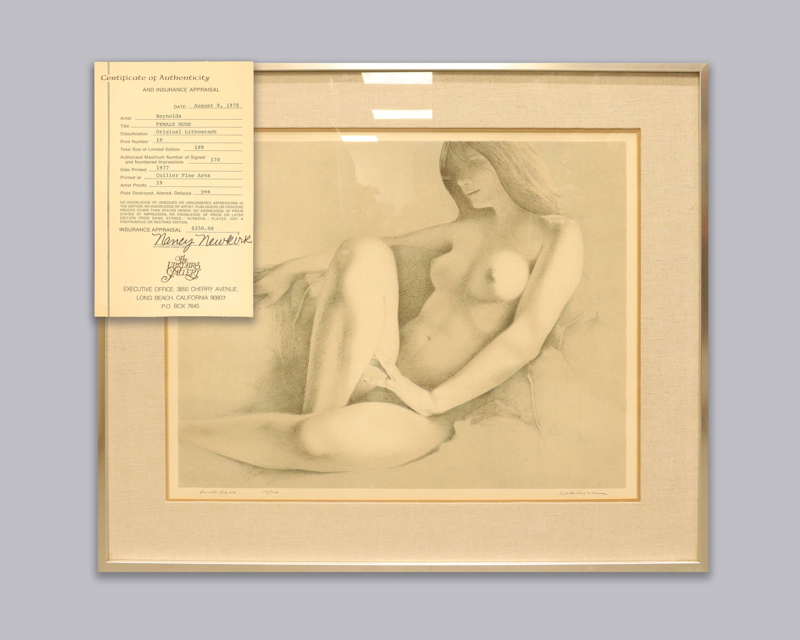 Reynolds framed art pencil signed: Reynolds pencil signed large framed art. Comes with certificate of authenticity. Numbered 19 of 170. From a major estate. H: 27.5" x W: 32.75."