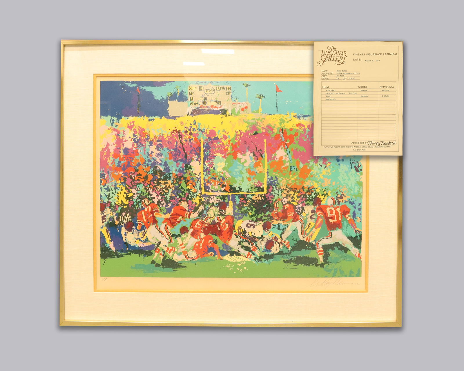 Leroy Neiman signed large serigraph: Leroy Neiman pencil signed Rose Bowl original serigraph. Numbered 222 of 300. H: 31.25" x W: 36.65."