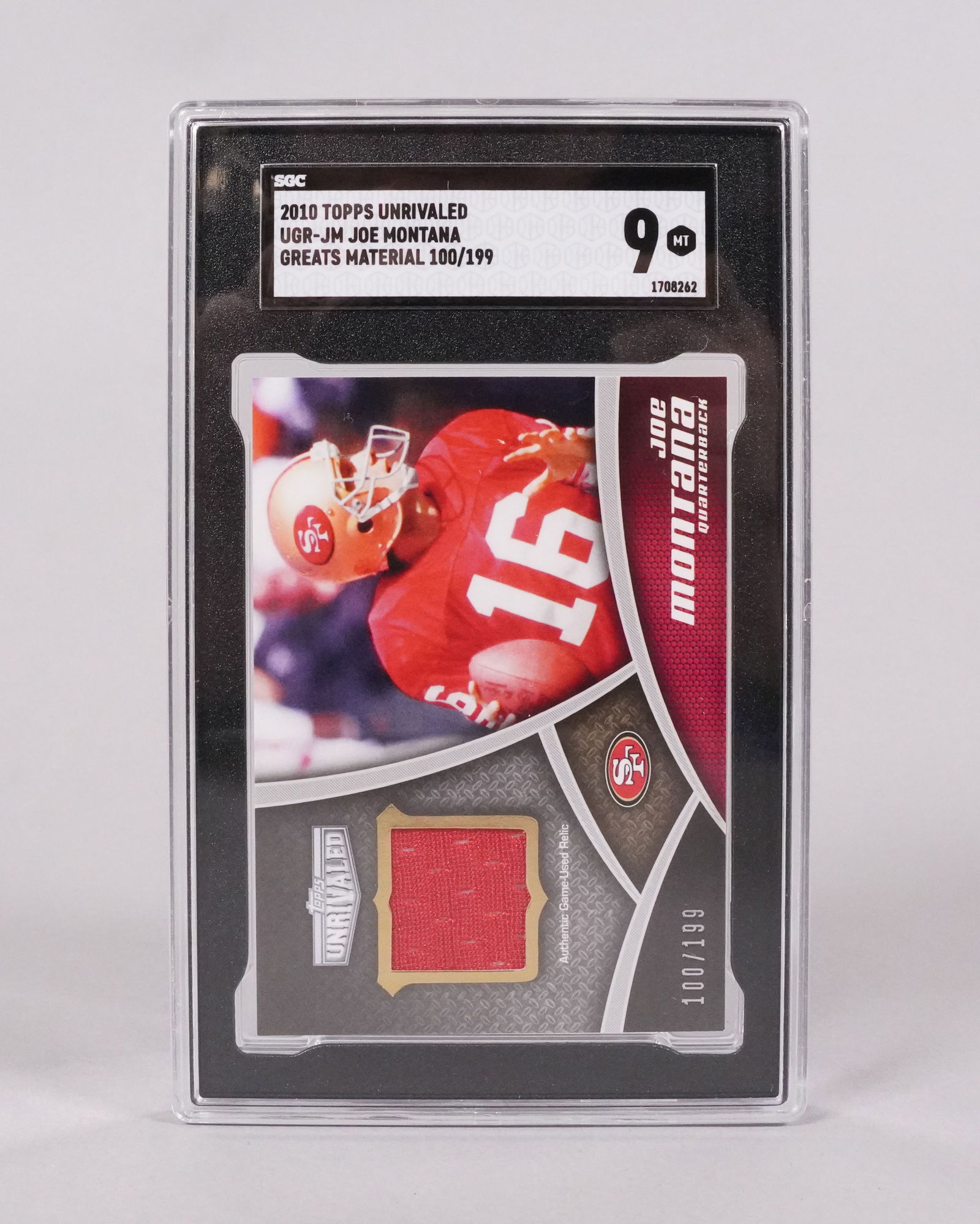 2010 Joe Montana SGC 9: 2010 Joe Montana SGC 9 graded. A relic card from a part of jersey.