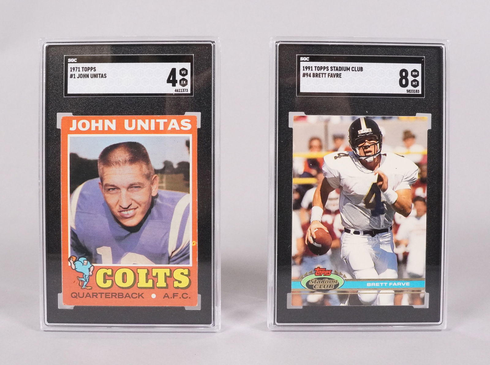 2 SGC graded vinage football cards: 1977 Topps John Unitas SGC, and Brett Favre SGC 8.