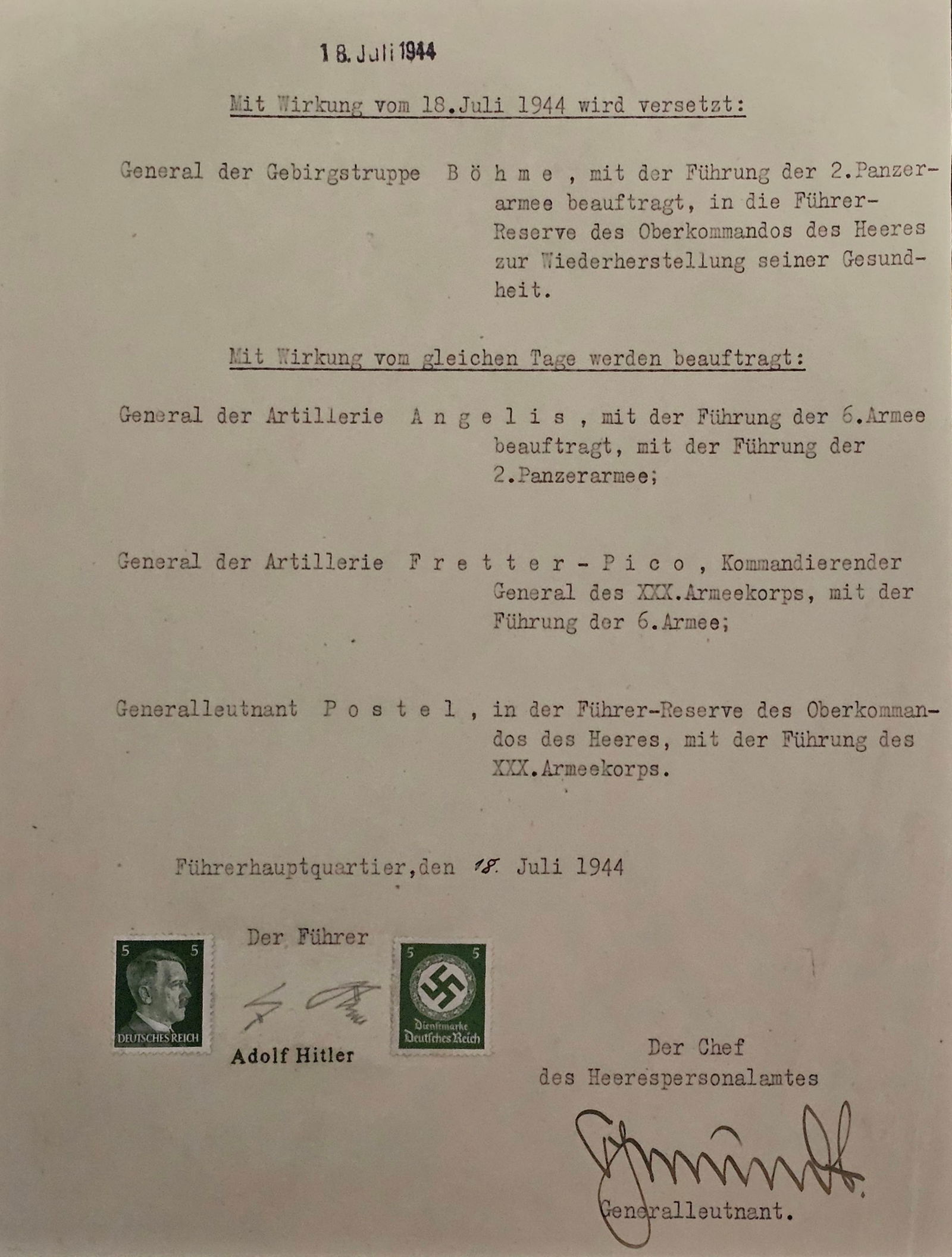 Adolf Hitler hand signed important war document PSA - 14