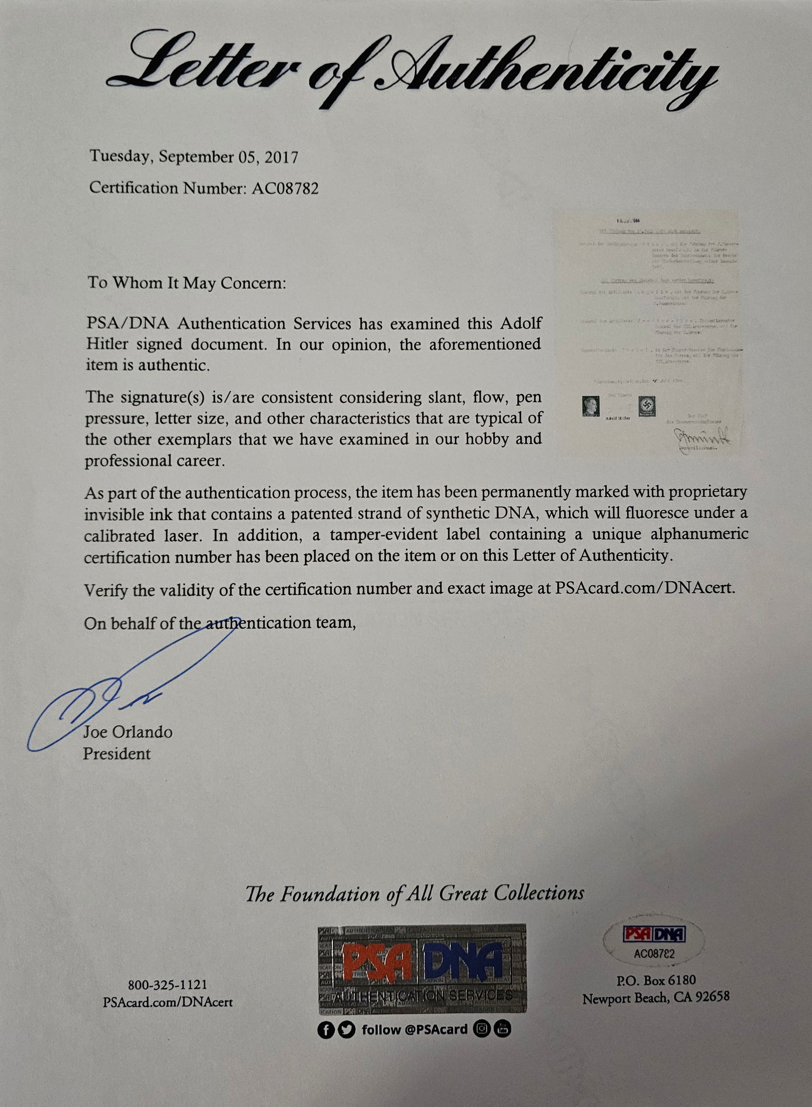 Adolf Hitler hand signed important war document PSA - 15