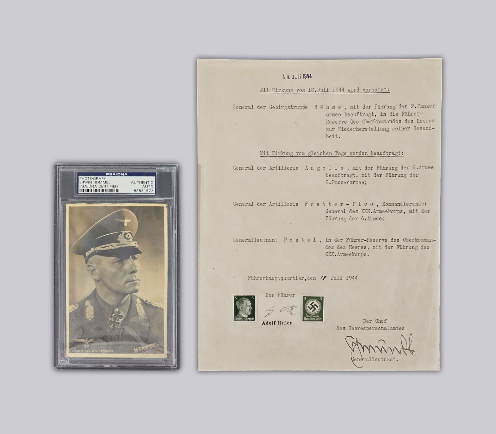 Adolf Hitler hand signed important war document PSA: Adolf Hitler hand signed important war document, dated 1944. Major military estate, comes with Erwin Rommel authentic photograph, certified by PSA. Comes with Nazi armband. National Refugee Service