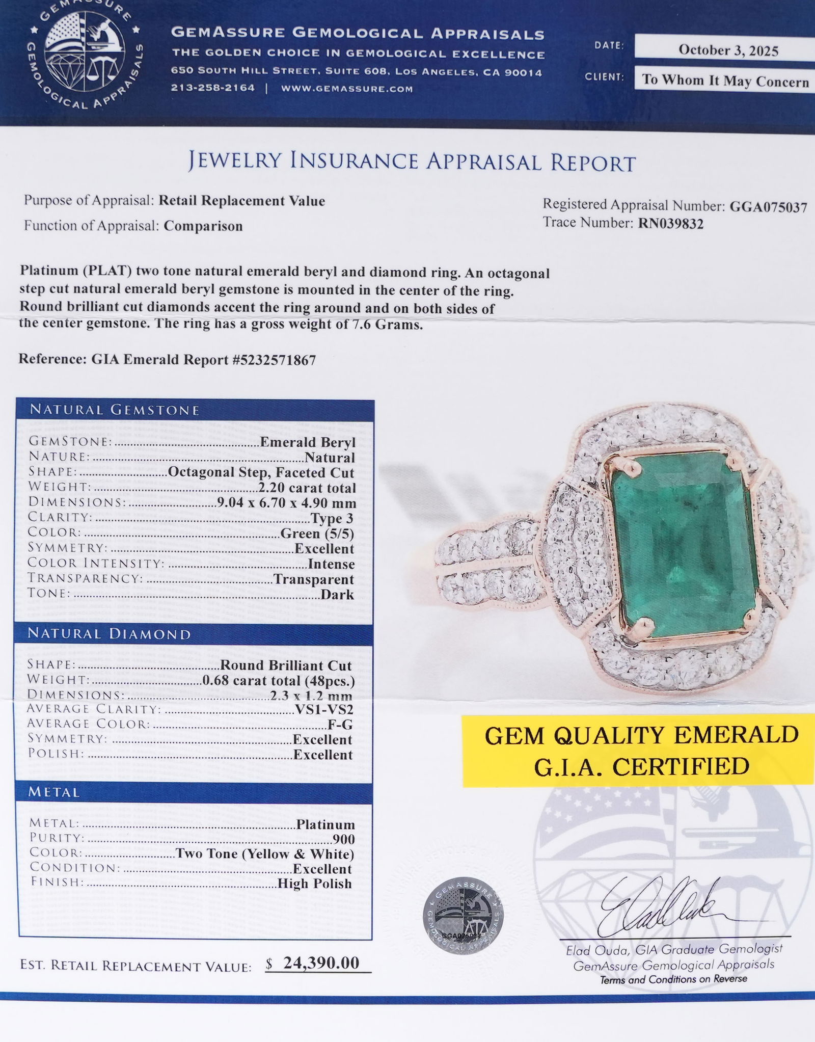 Platinum natural emerald diamond ring US 6.75 - 8