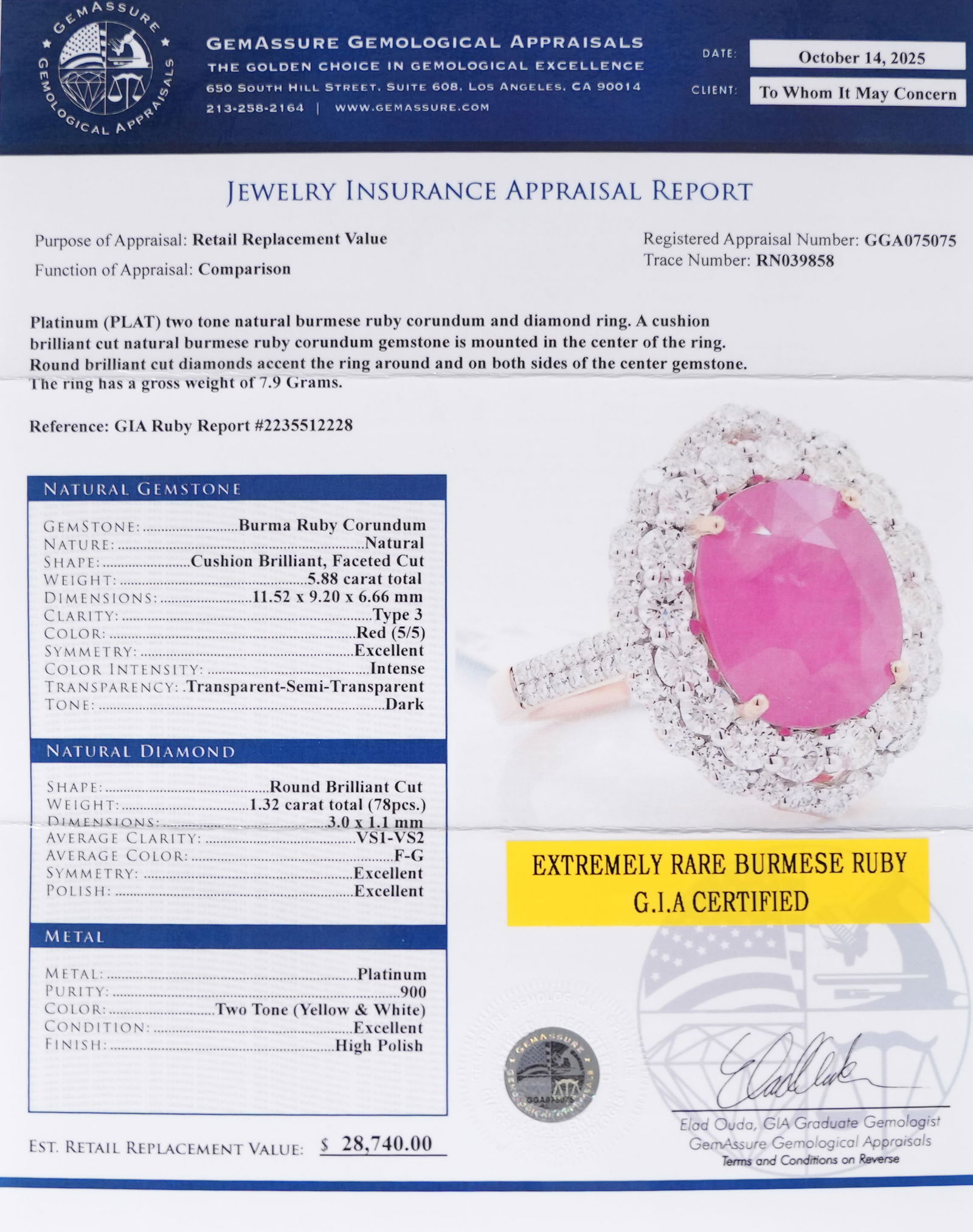 Platinum Burmese ruby diamond ring size 6.75 - 8