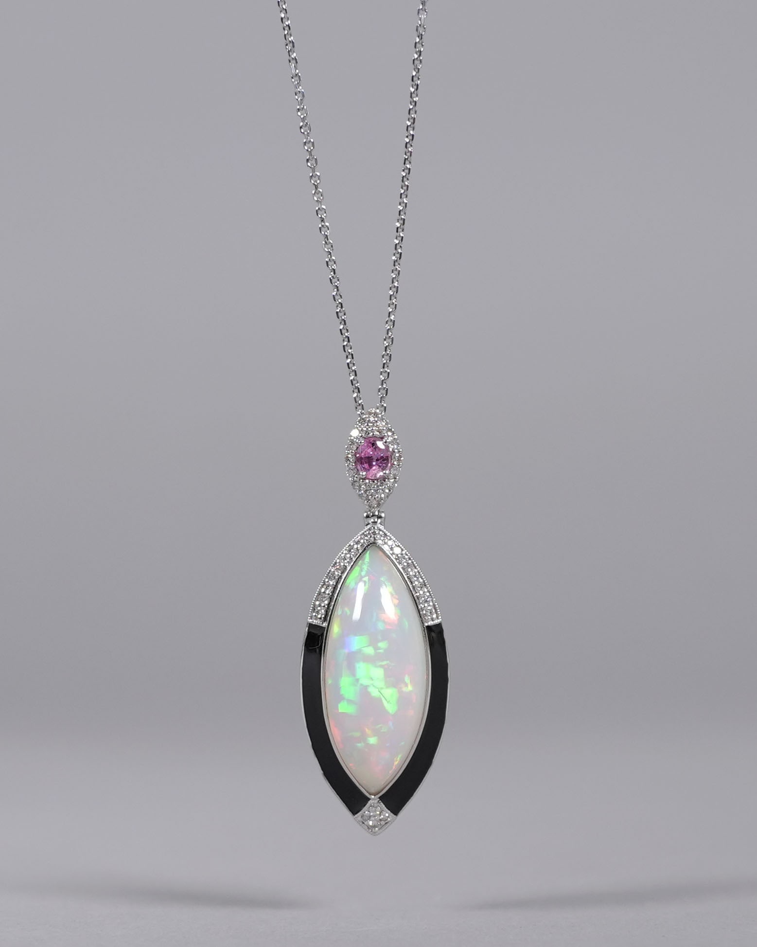 Platinum natural opal diamond necklace: Platinum natural opal, sapphire and diamond necklace. Total 15.50 carat opal. Total 0.45