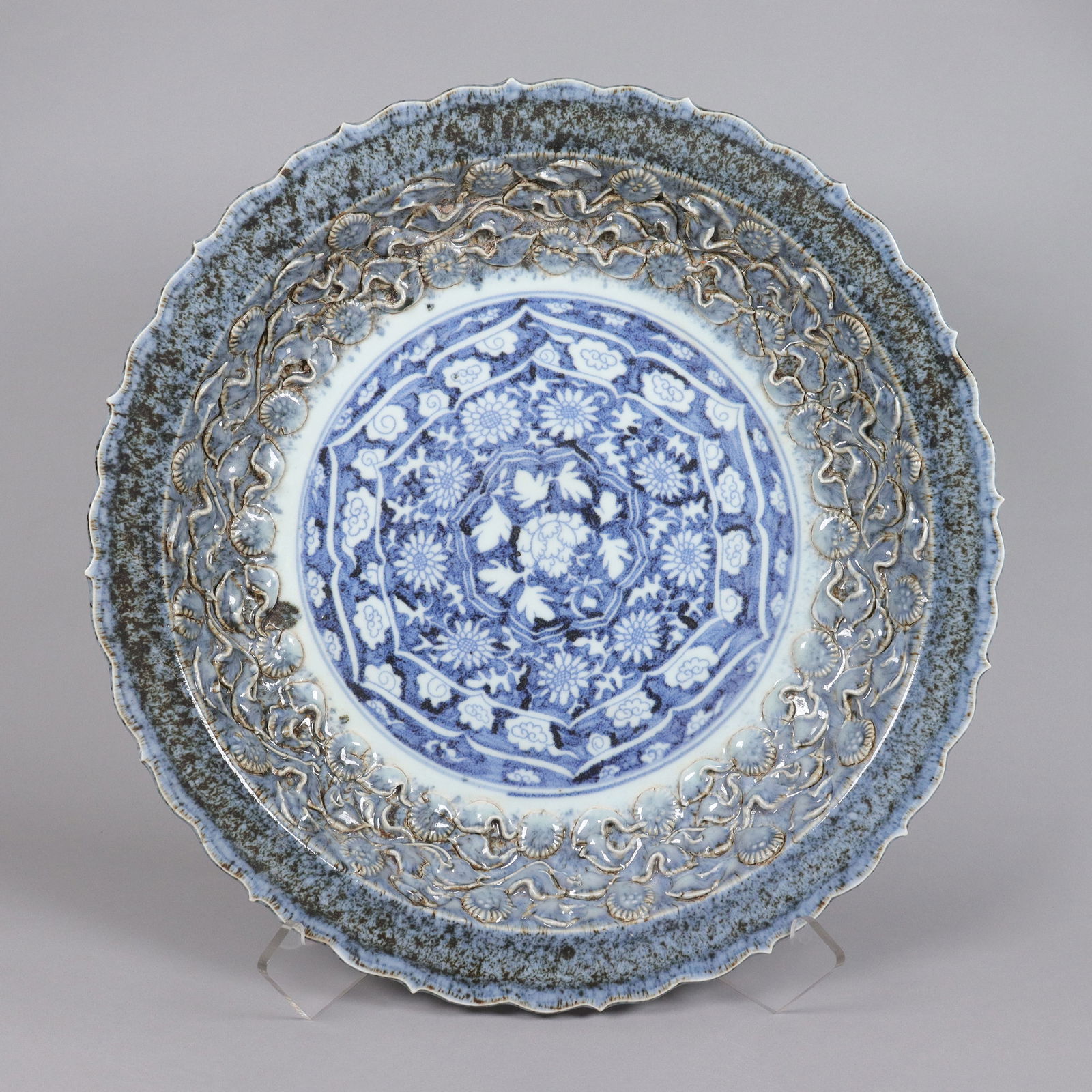 Chinese important carved charger: Chinese important carved charger plate. From an estate. H: 3.25" x W: 18."