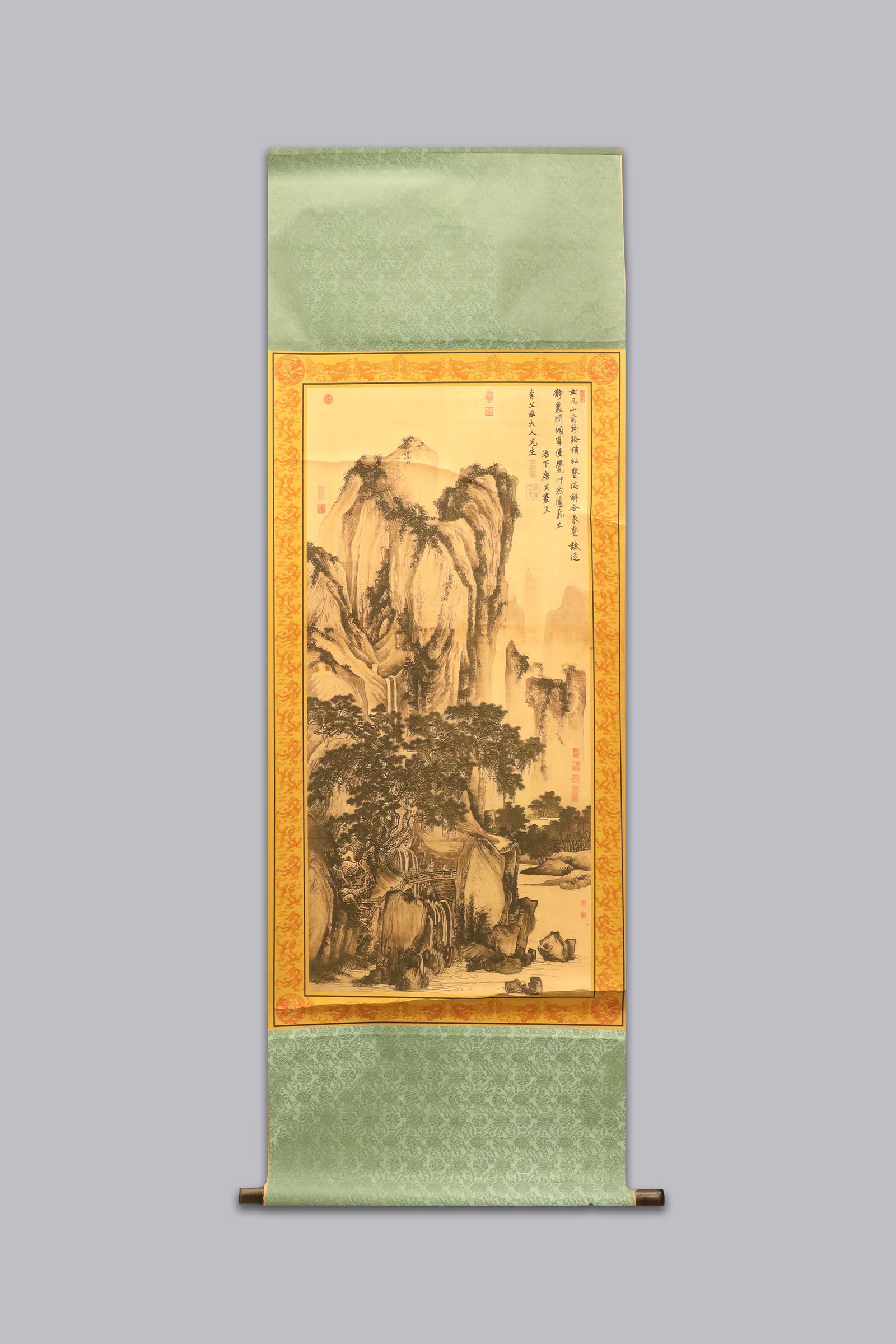 Chinese long scroll with box: Chinese long scroll with wooden box.