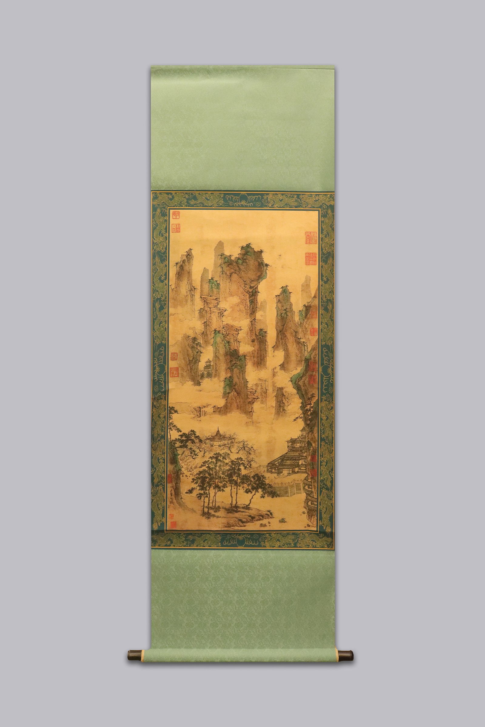 Chinese long scroll with box: Chinese long scroll with wooden box.