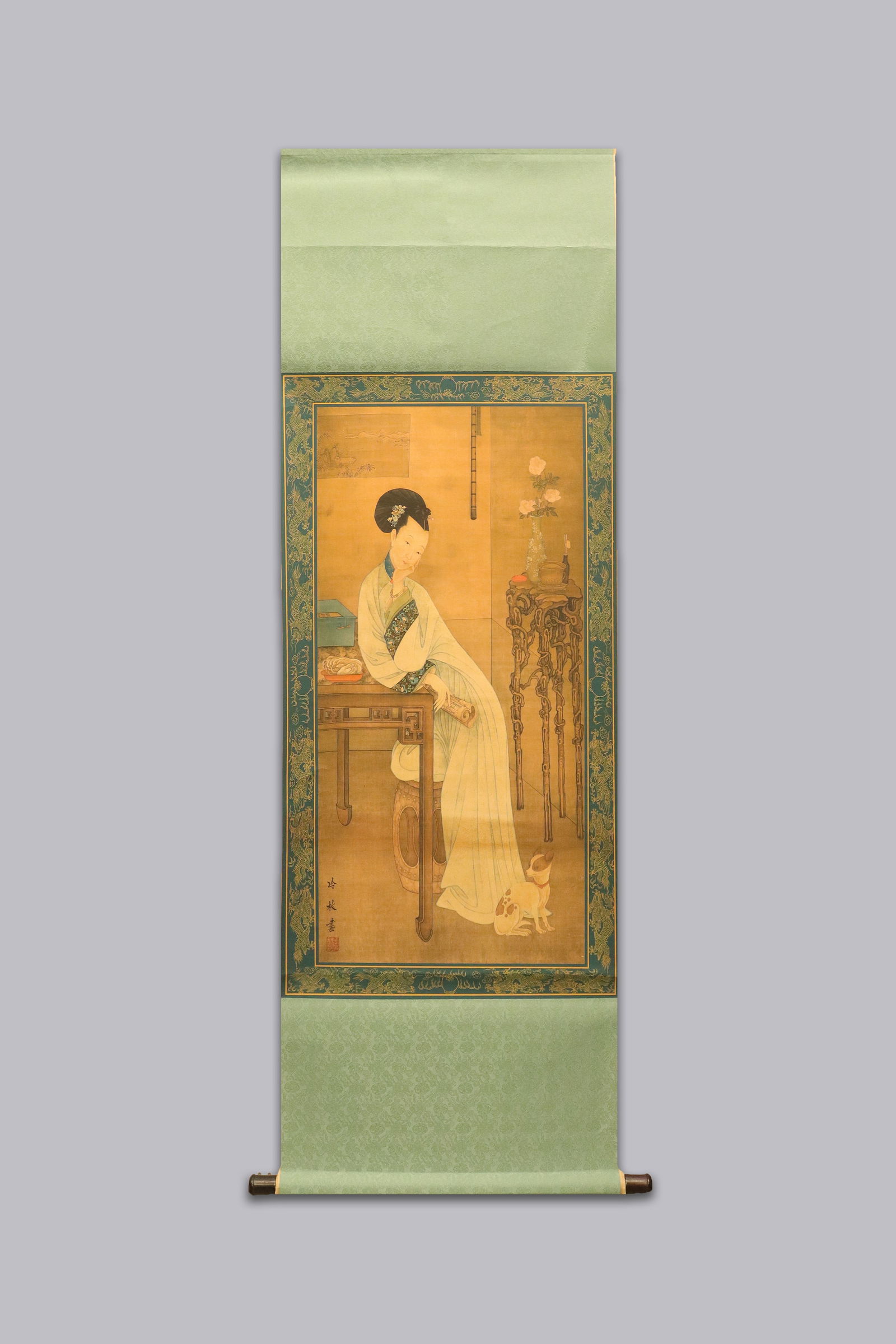 Chinese long scroll with box: Chinese long scroll with wooden box.