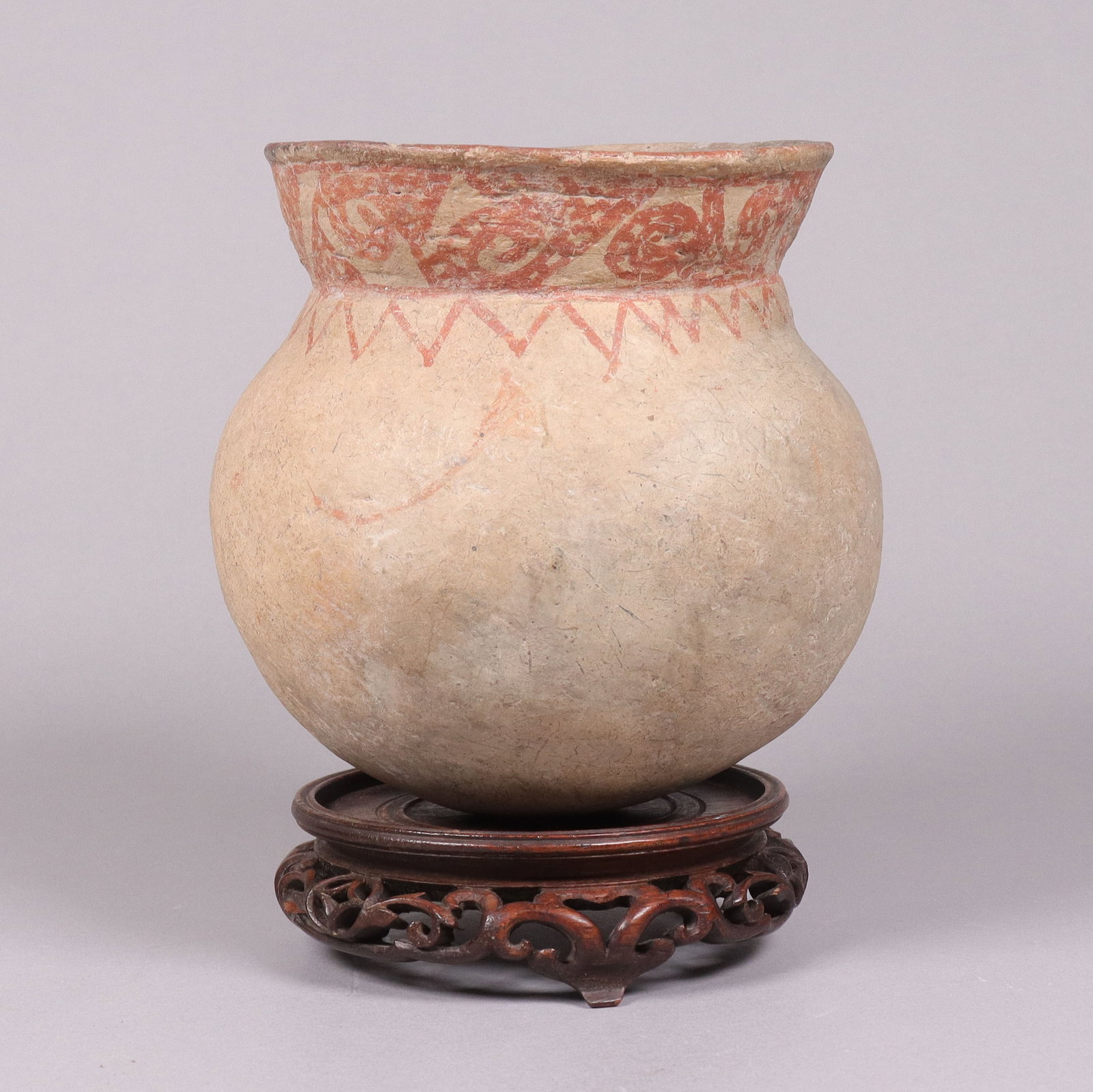 An antique asian pottery pot. H: 5.75" x W: 5.5." (1 of 6)