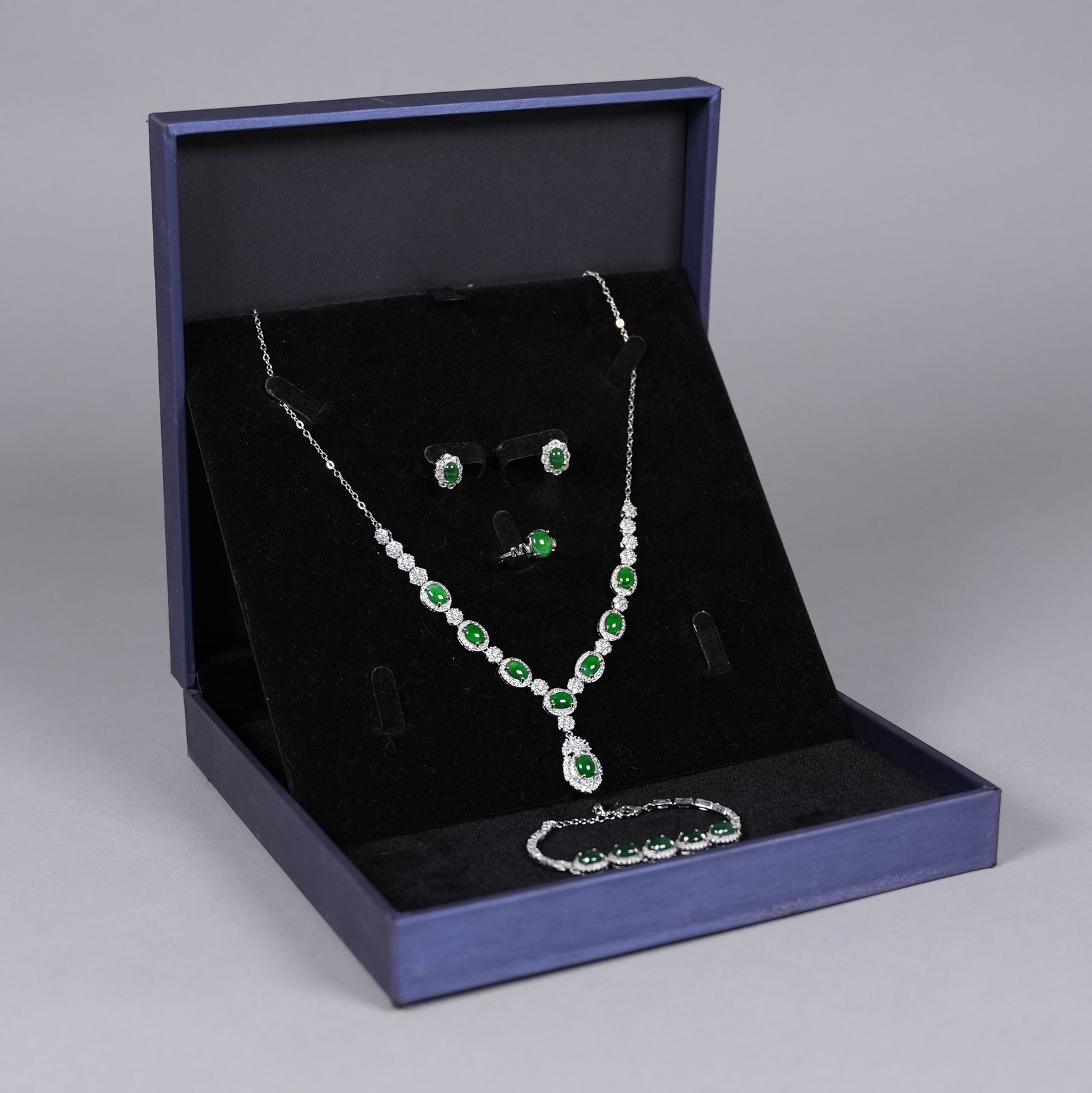 A set of sterling fine natural apple green jadeite items, one is ring, bracelet, necklace and pair (1 of 8)