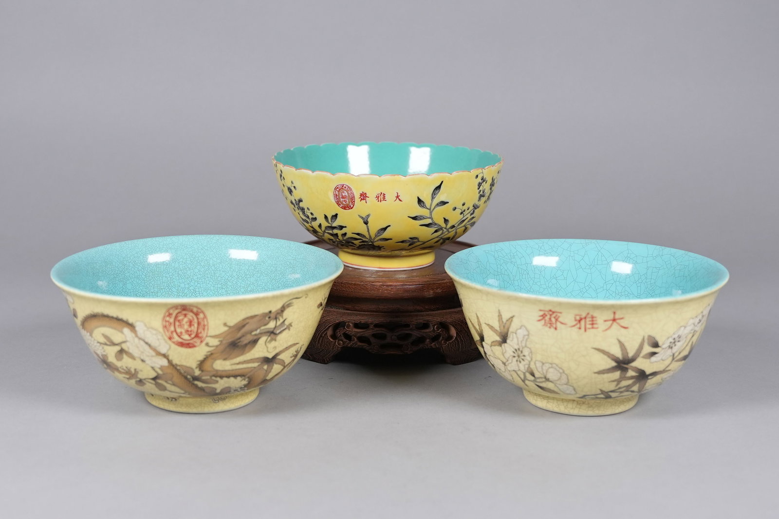 3 Chinese fine yellow bowls, largest H: 3.2" x W:" 6.6." (1 of 7)
