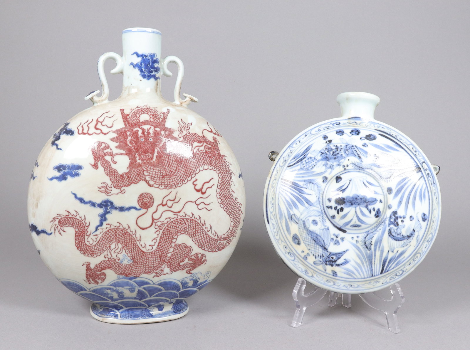 2 Chinese fine porcelain flask vase. Largest H: 13" x W: 10." (1 of 8)