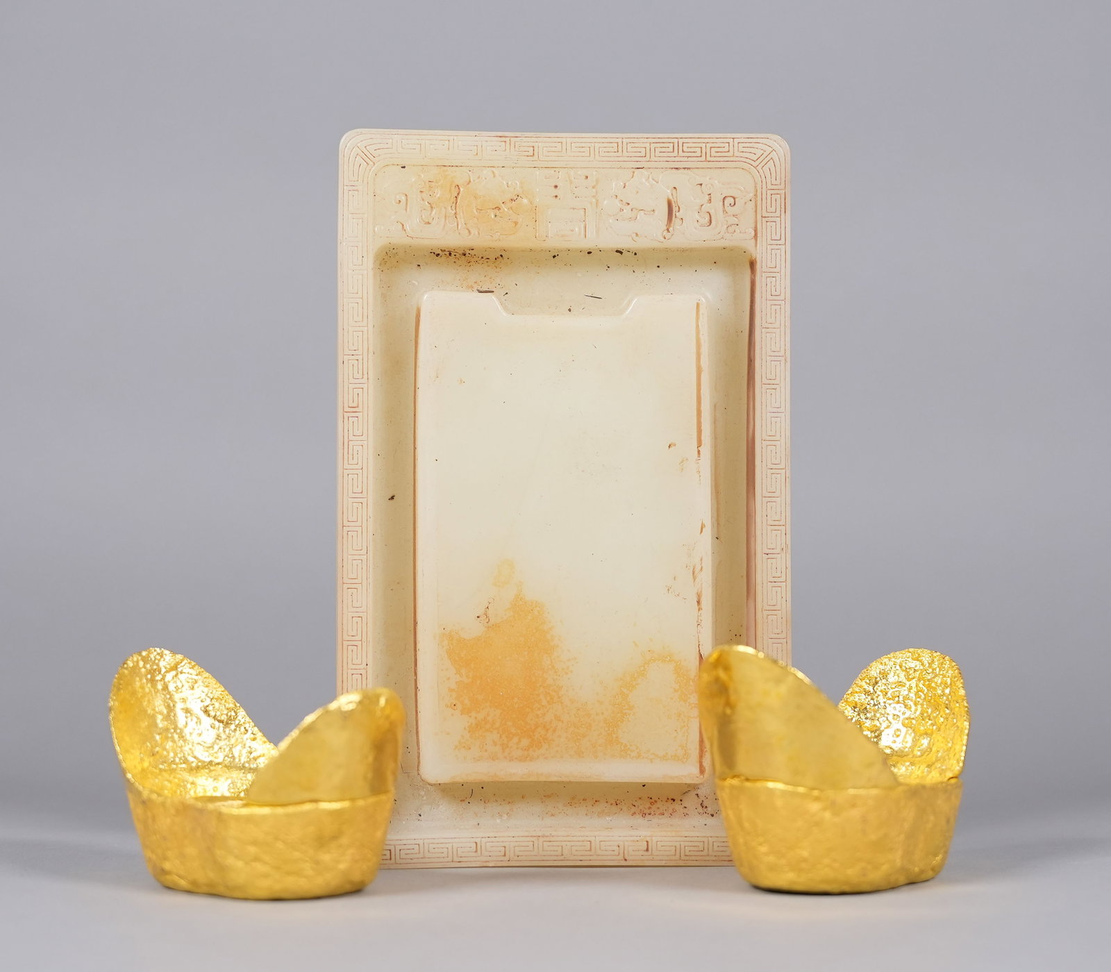 2 Chinese ingots and Chinese ink stone. We do not guarantee material, age, or carving or the ingots. (1 of 8)