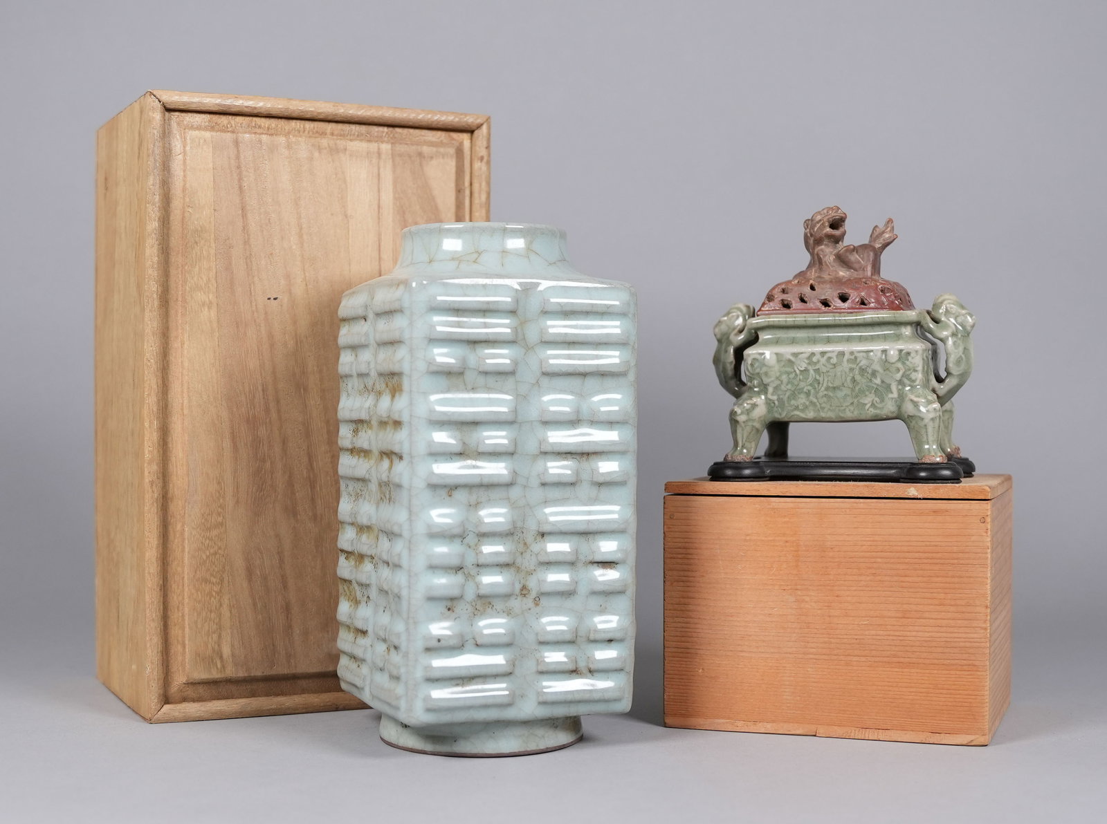 2 Chinese ceramics with wooden box. Largest H: 9" x W: 4." (1 of 7)