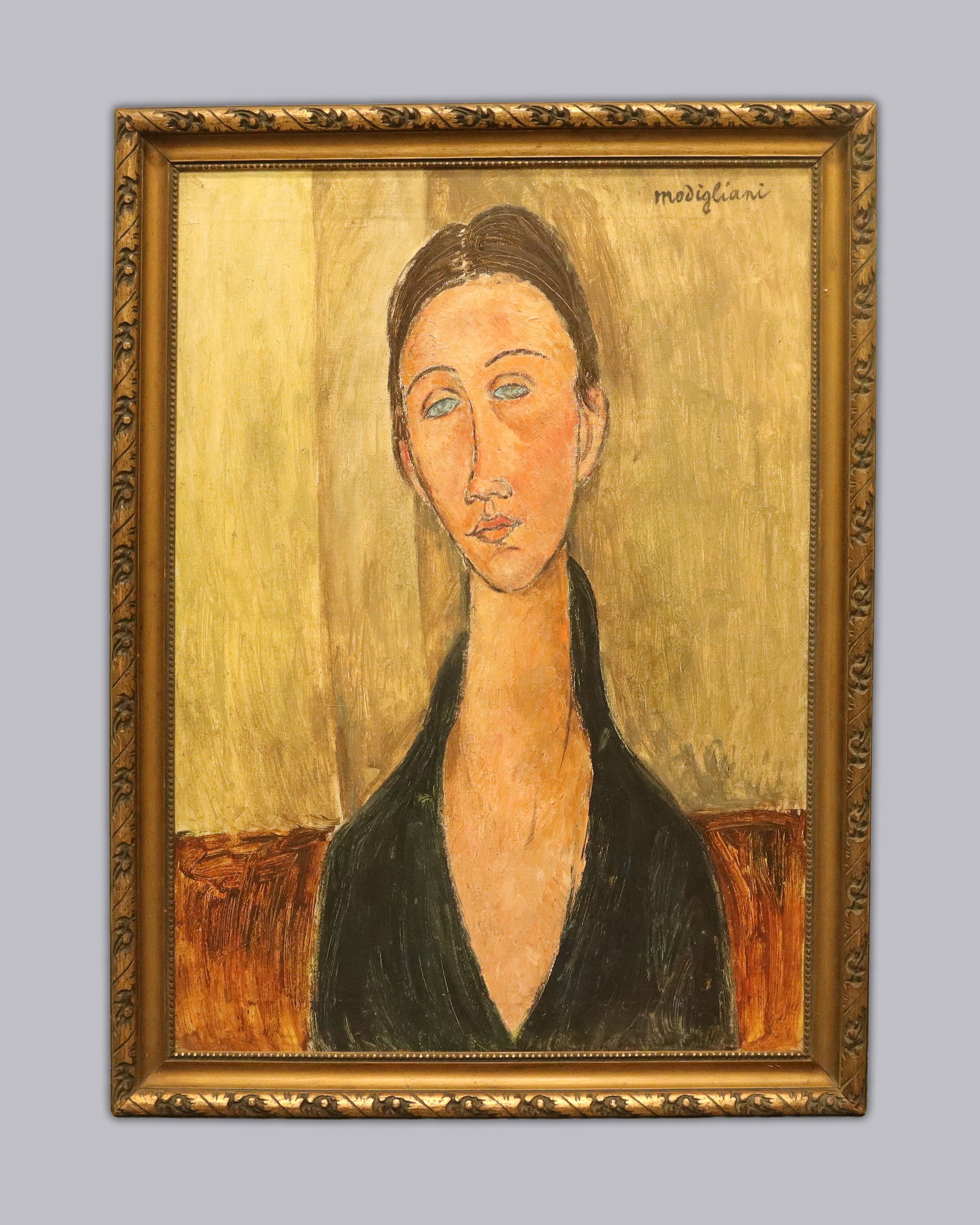 Amedeo Modigliani oil on canvas 1919 estate: Amedeo Modigliani (1884-1920)Style of,Untitled, Portrait de Femmesigned ‘Modigliani’ (upper right)labelled on the backoil on canvascanvas:27.5 x 19.5 in. (70 x 49.7 cm.)framed: 31.1 x 23.4
