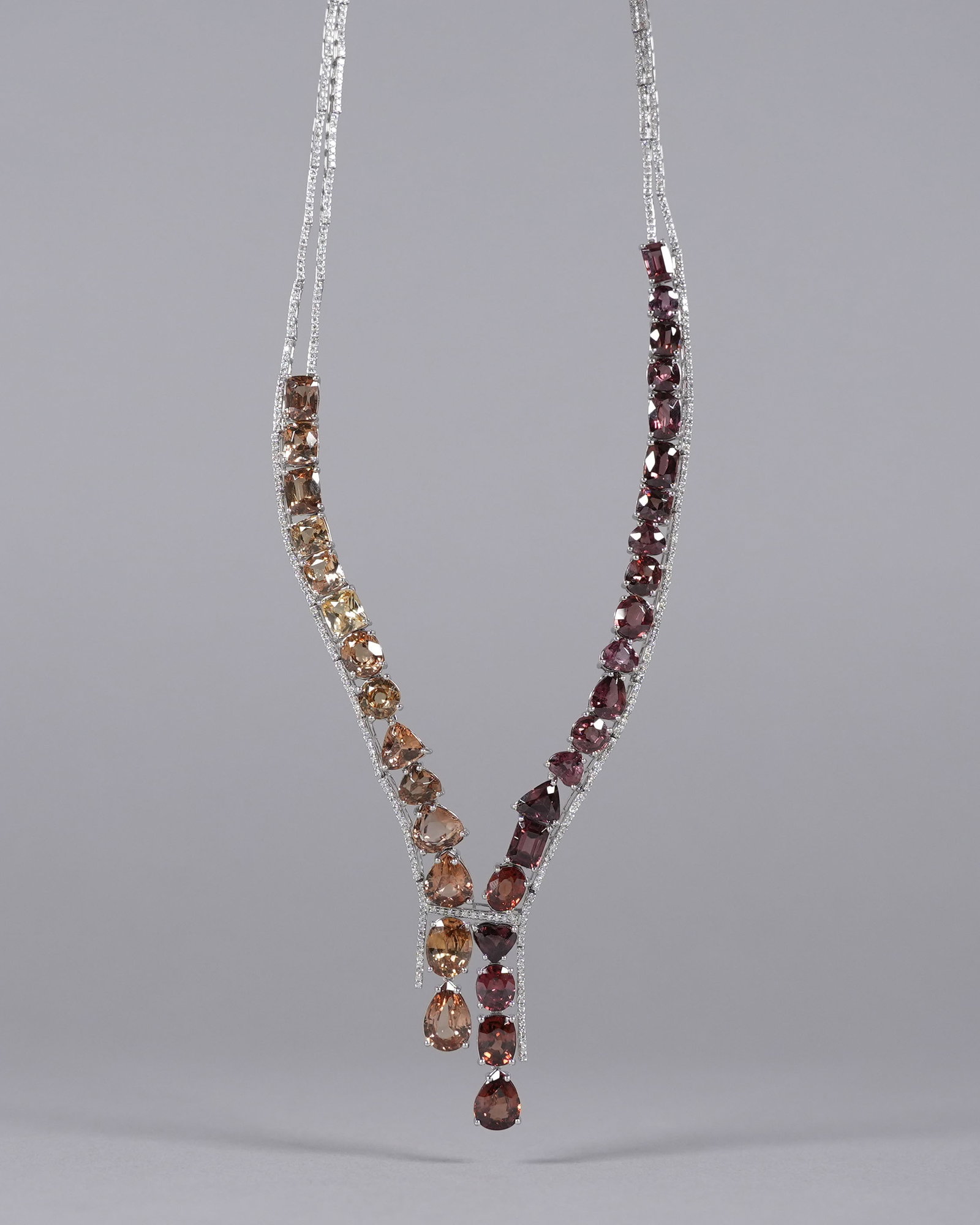 Platinum Zircon and diamond necklace 108.82 carats: An important platinum zircon and natural diamond necklace. Total 35 zircons, and 108.82 carats and total 485 diamonds total 4.37 carats. Appraisal report value $86,372. Comes with appraisal report.