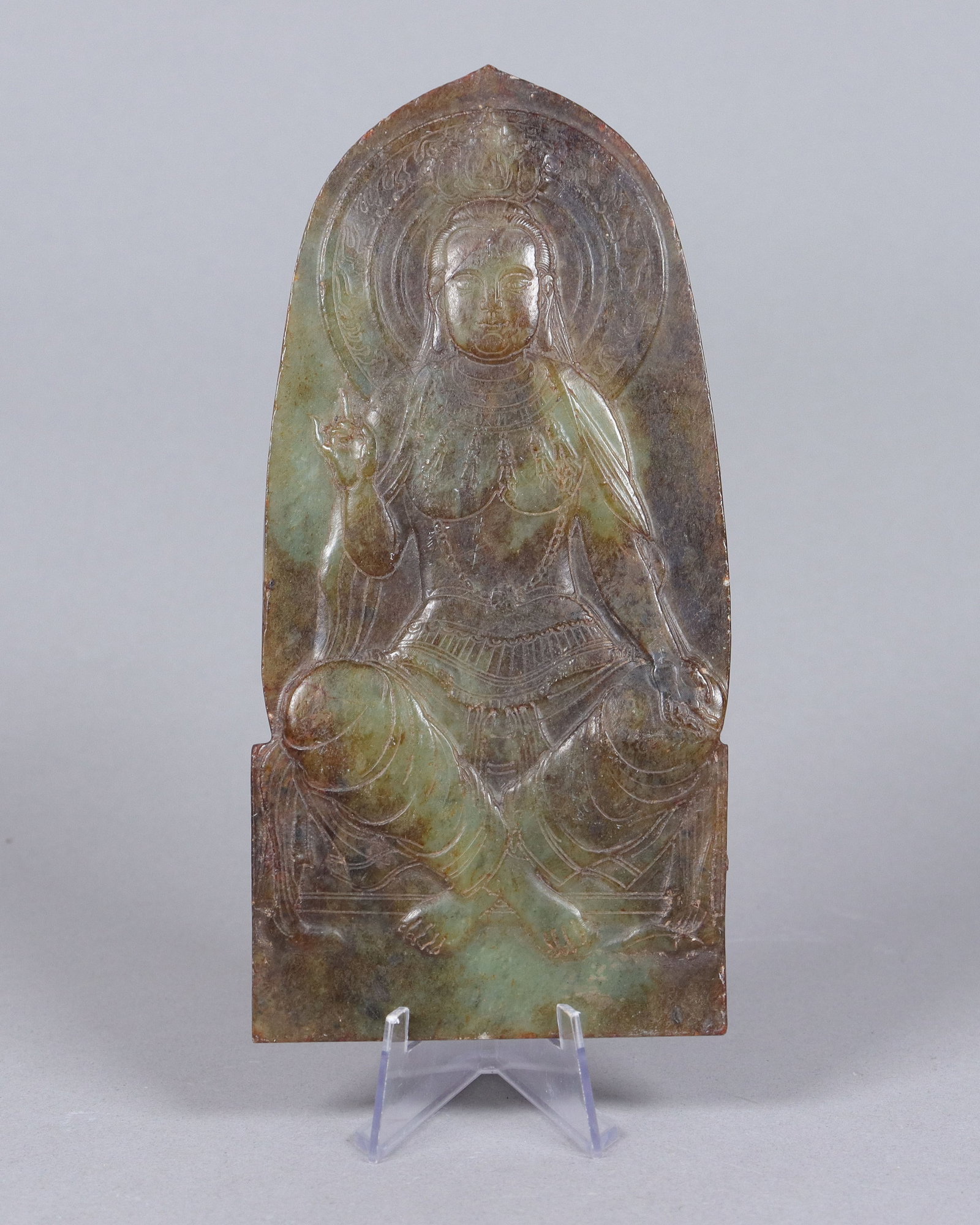 Chinese large jade carved plaque: Chinese large jade carved plaque in buddha form. H: 6.5" x W: 3."