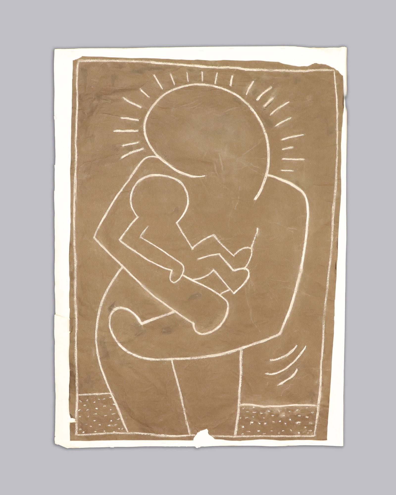 Important Keith Haring chalk on black paper authentic: Important Keith Haring chalk on black paper, untitled Mother and Child. From Tony Shafrazi Gallery, who was exclusively was Keith Haring's agent durng the time. Dated 1982, a subway drawing. H: 41" x