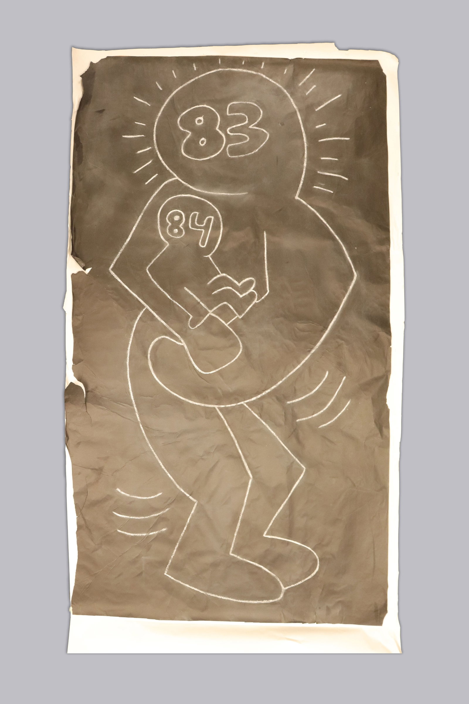 Important Keith Haring chalk on black paper authentic: Important Keith Haring chalk on black paper, untitled Mother and Child. From Tony Shafrazi Gallery, who was exclusively was Keith Haring's agent durng the time. Dated 1984, a subway drawing. H: 80" x