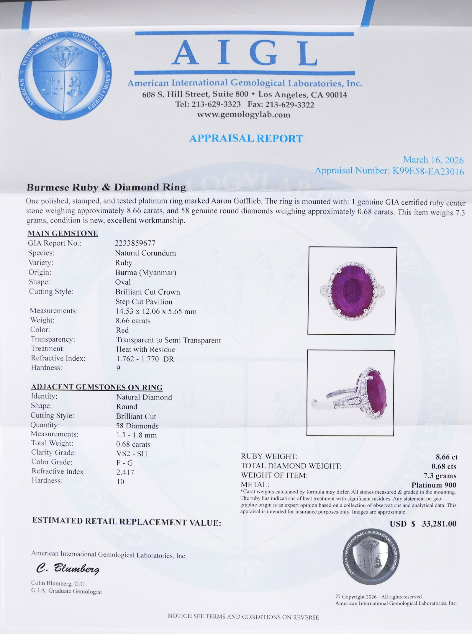 Platinum natural Burma ruby diamond ring size 6.8 - 8