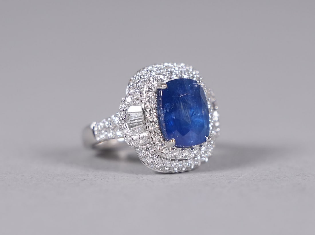 Platinum natural sapphire diamond ring GIA cert: A rare Platinum natural sapphire diamond ring, comes with GIA certificate. Total 5.44 natural sapphire carats. Total 1.62 carats natural diamonds. Appraisal report $41,390. US ring size 6.9.
