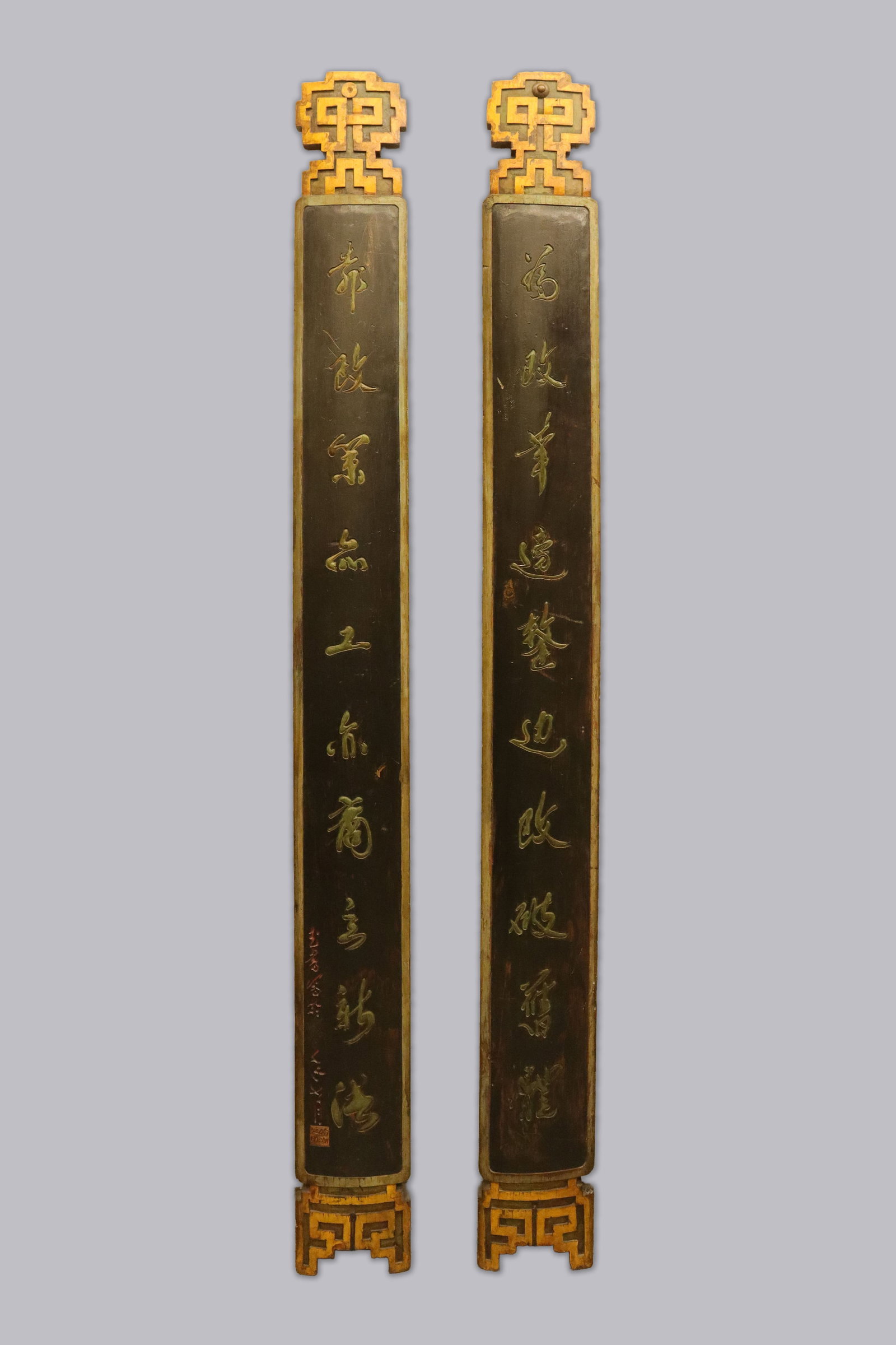 2 Chinese long heavy wood carved plaques (1 of 8)