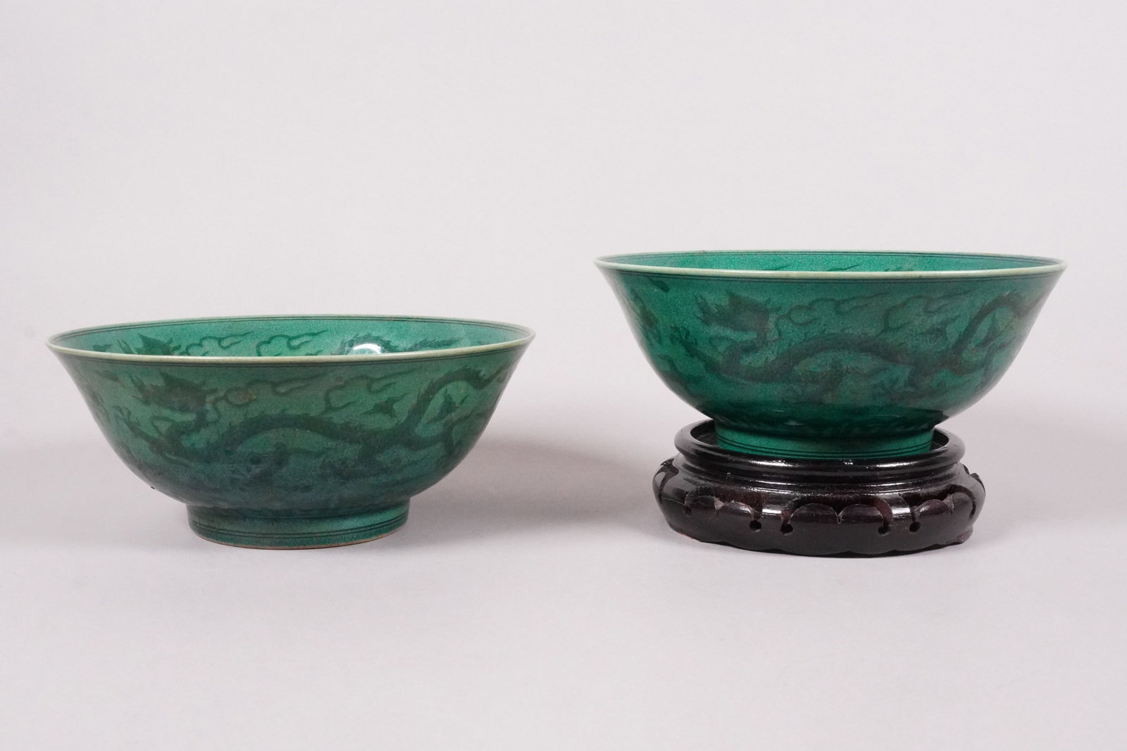 2 Chinese fine green dragon bowls: 2 Chinese fine green dragon bowls. H: 3" x W: 7.2."