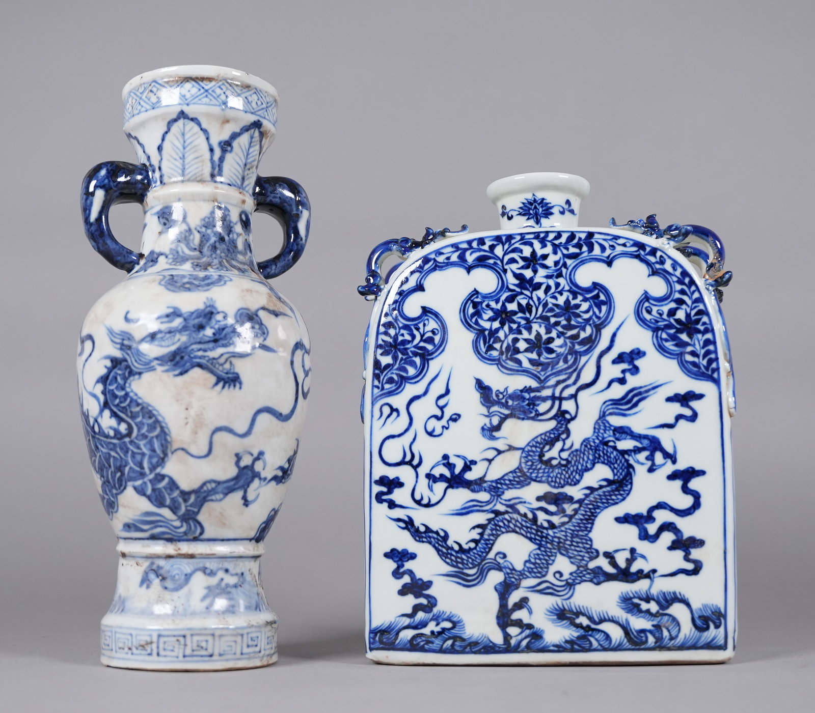 2 Chinese fine b/w porcelains: 2 Chinese fine blue and white porcelains, largest H: 9" x W: 6.5."