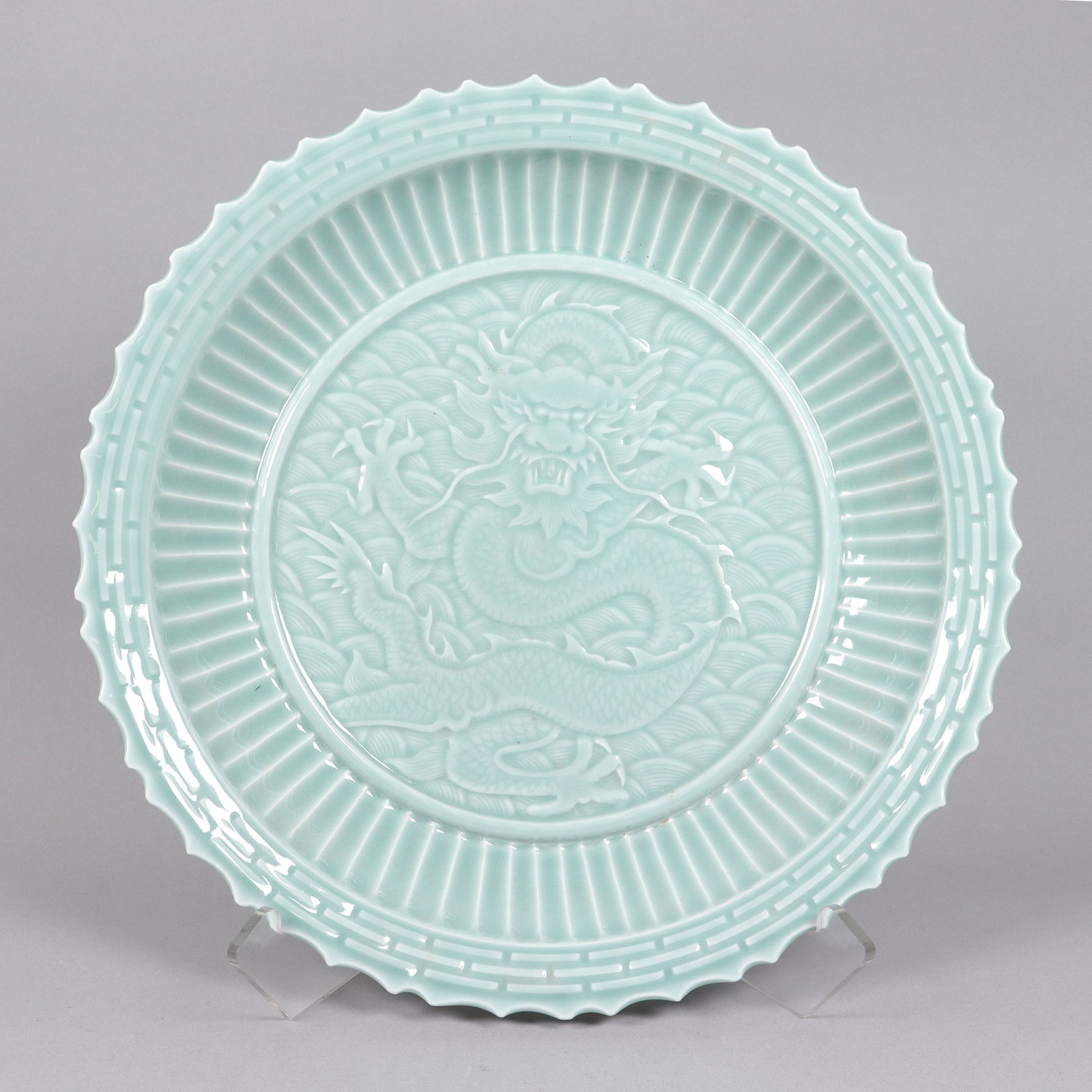Chinese fine celadon charger plate: Chinese fine celadon charger plate. H: 3" x W: 16.15."