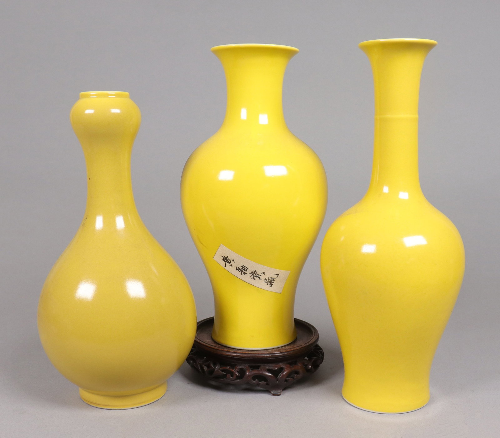 3 Chinese fine yellow vase: 3 Chinese fine yellow vase, largest H: 10.5" x W: 4."