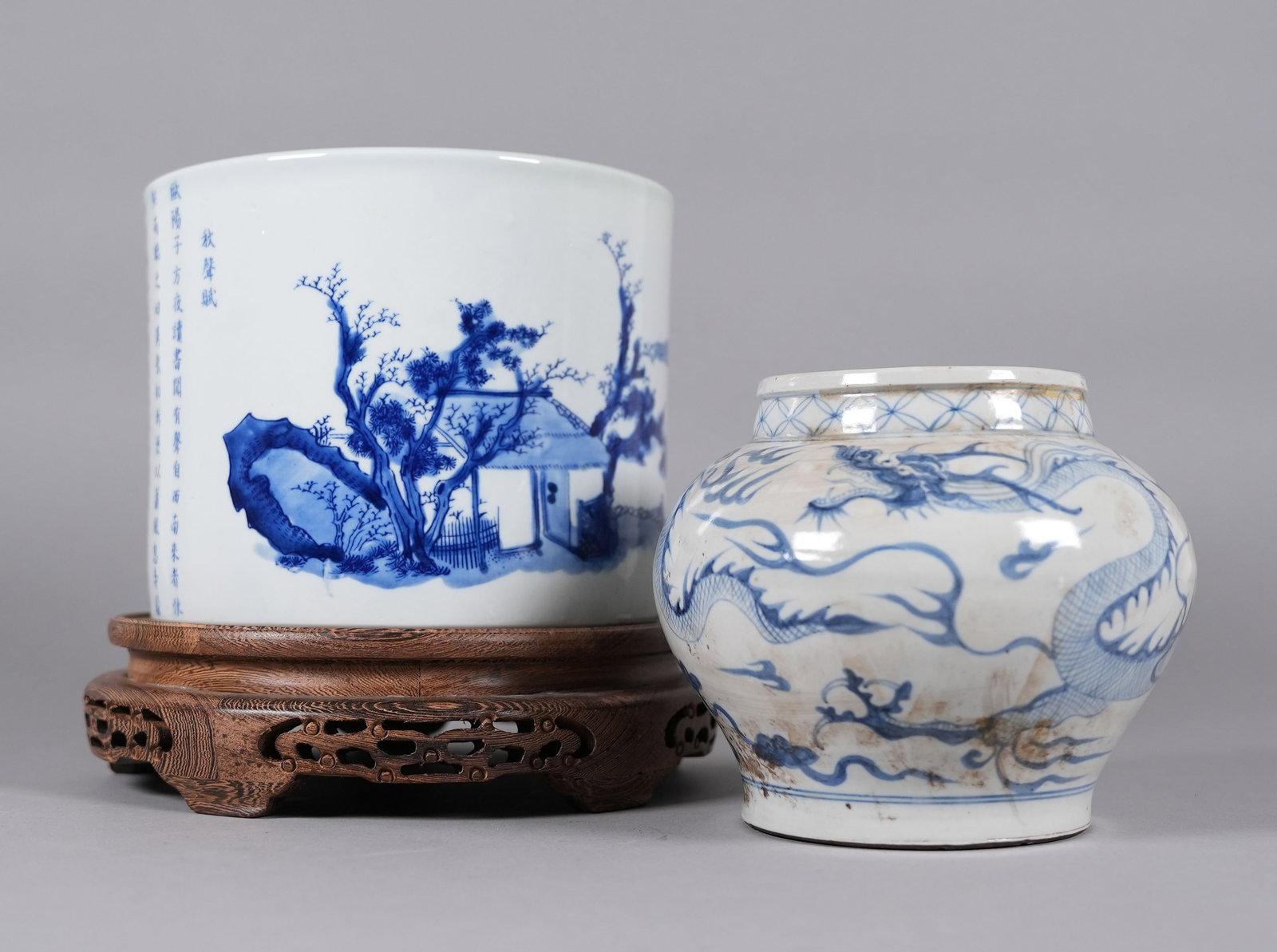 2 Chinese fine b/w porcelains: 2 Chinese fine porcelains, largest H: 6.1" x W: 7.4."