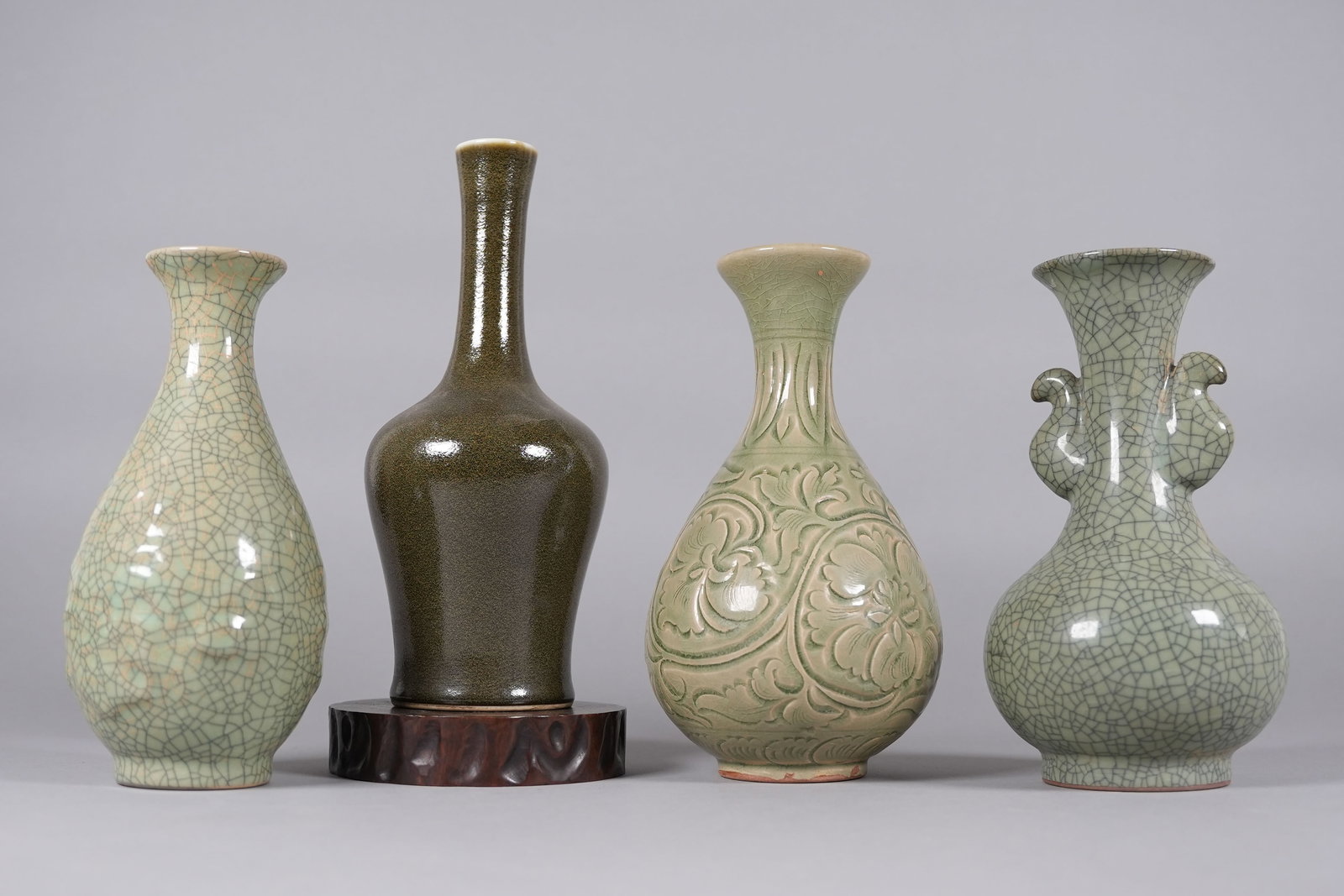4 Chinese green porcelain vase: 4 Chinese green porcelain vase, largest H: 10.1" x W: 4.3."