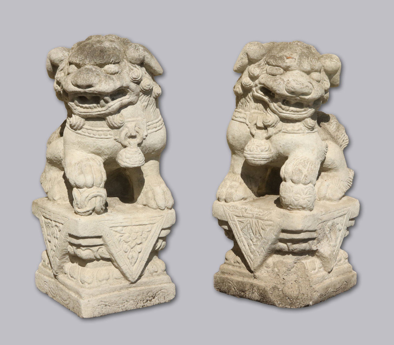 2 Chinese antique stone lion: 2 Chinese fine antique heavy stone lion. H: 17.5" x W: 7.25."