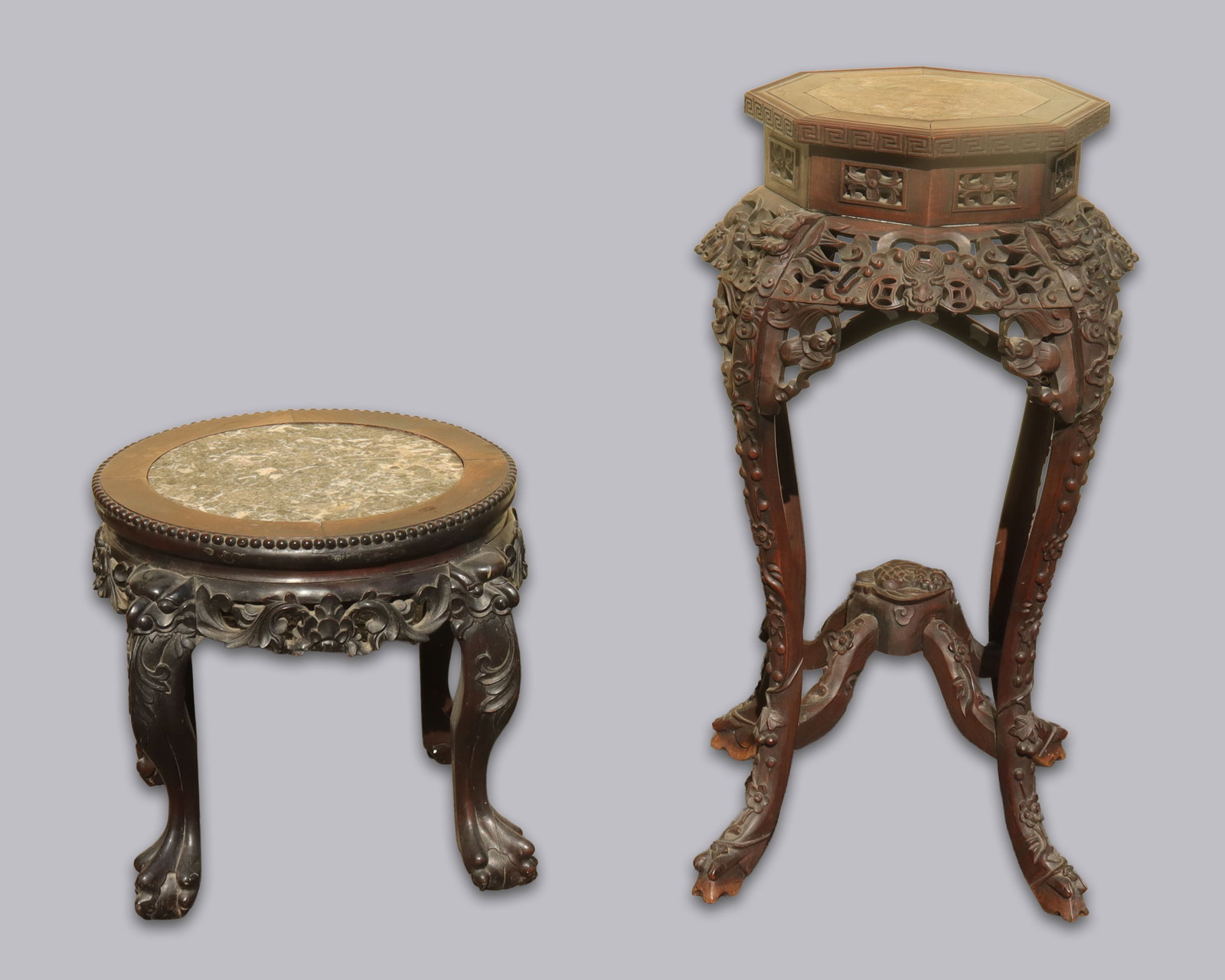 2 Chinese marble top wooden tables: 2 Chinese marble top heavy wooden stand or tables. Condition selling it as is, all sales are final. No return. H: 35" x W: 17."