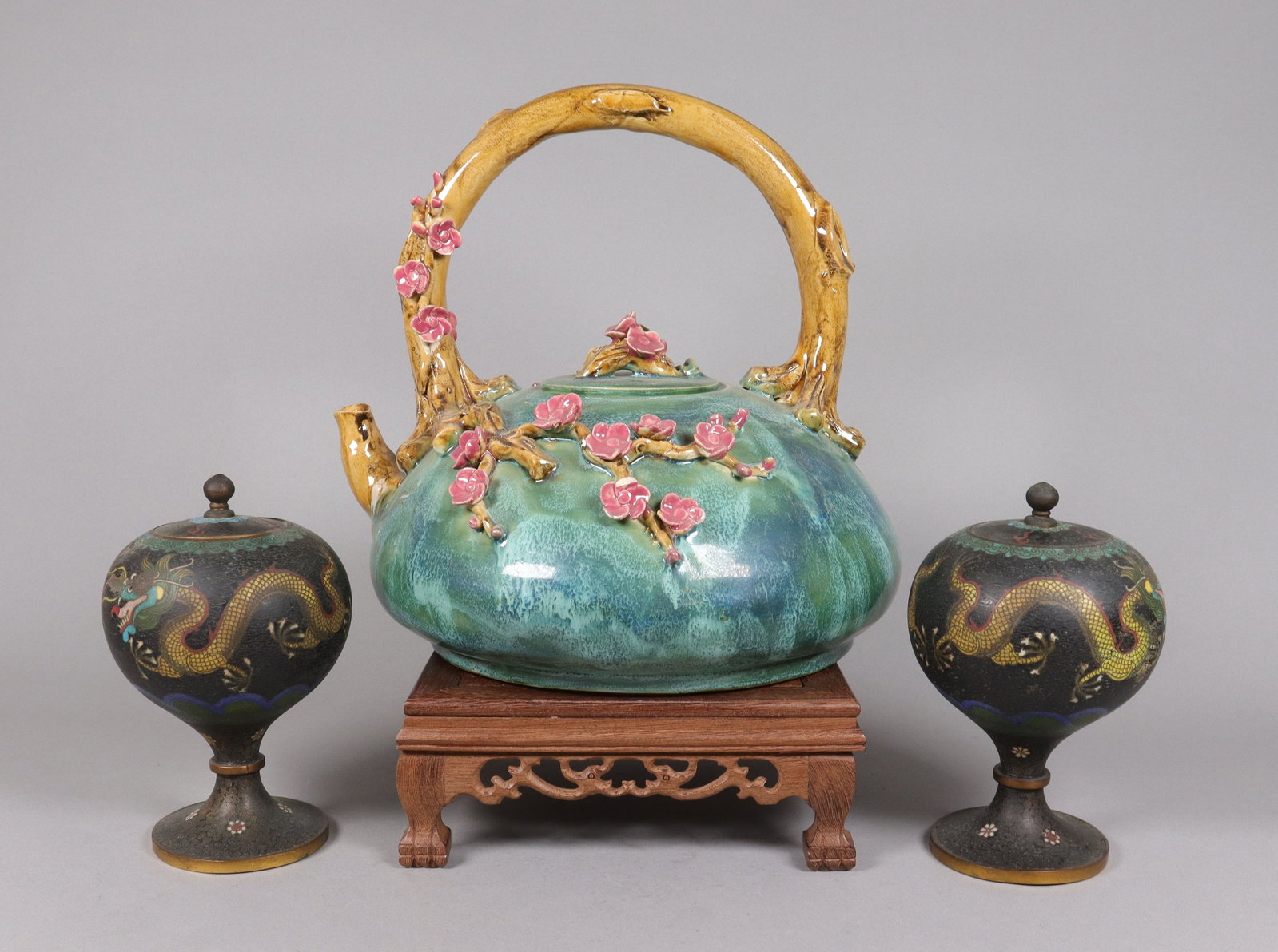 2 Chinese cloisonne and teapot: 2 Chinese fine cloisonne and large carved teapot. Largest H: 12.75" x W: 13.5."