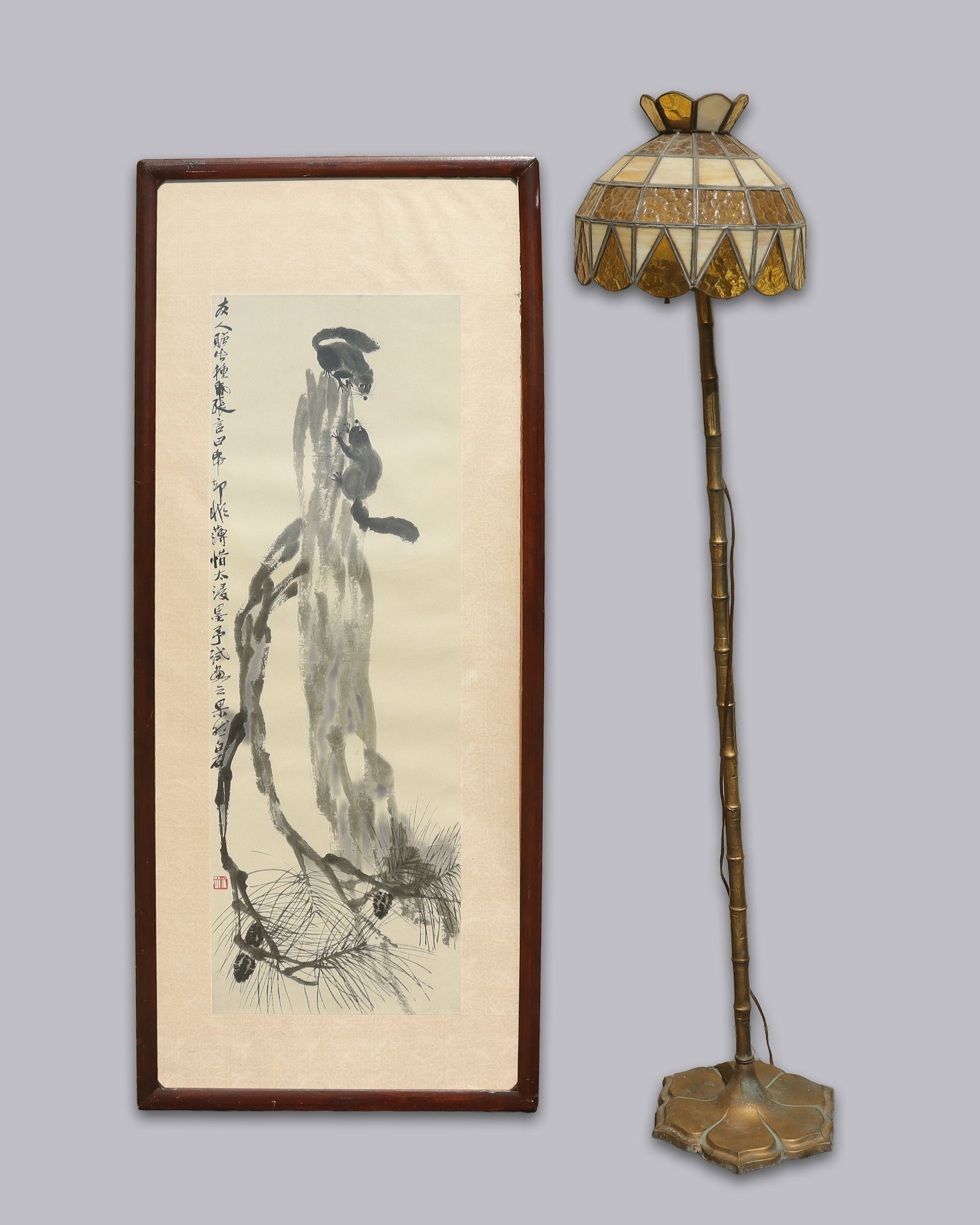 Chinese large framed art and floor lamp: Chinese large framed art and a vintage floor lamp. Condition selling it as is. All sales are final.