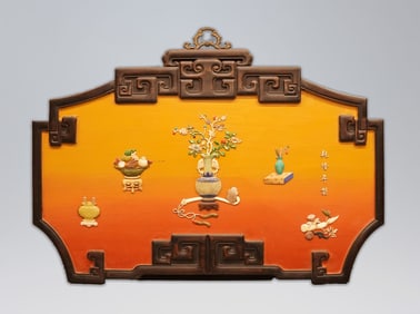 Chinese antique lacquered wood jade panel