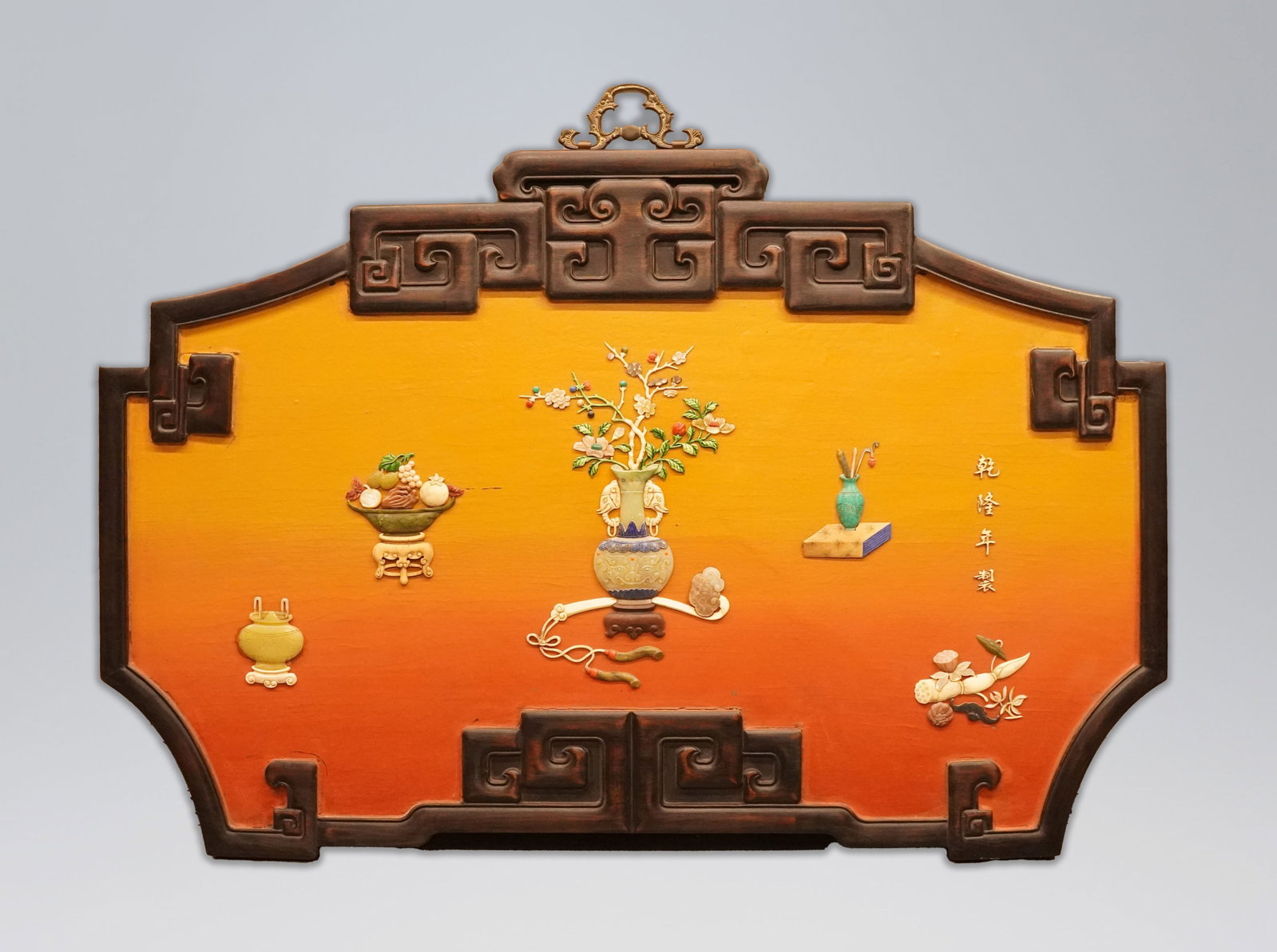 Chinese antique lacquered wood jade panel: Chinese antique laquered wood jade with orange background panel. From an estate. H: 33" x W: 47.2."