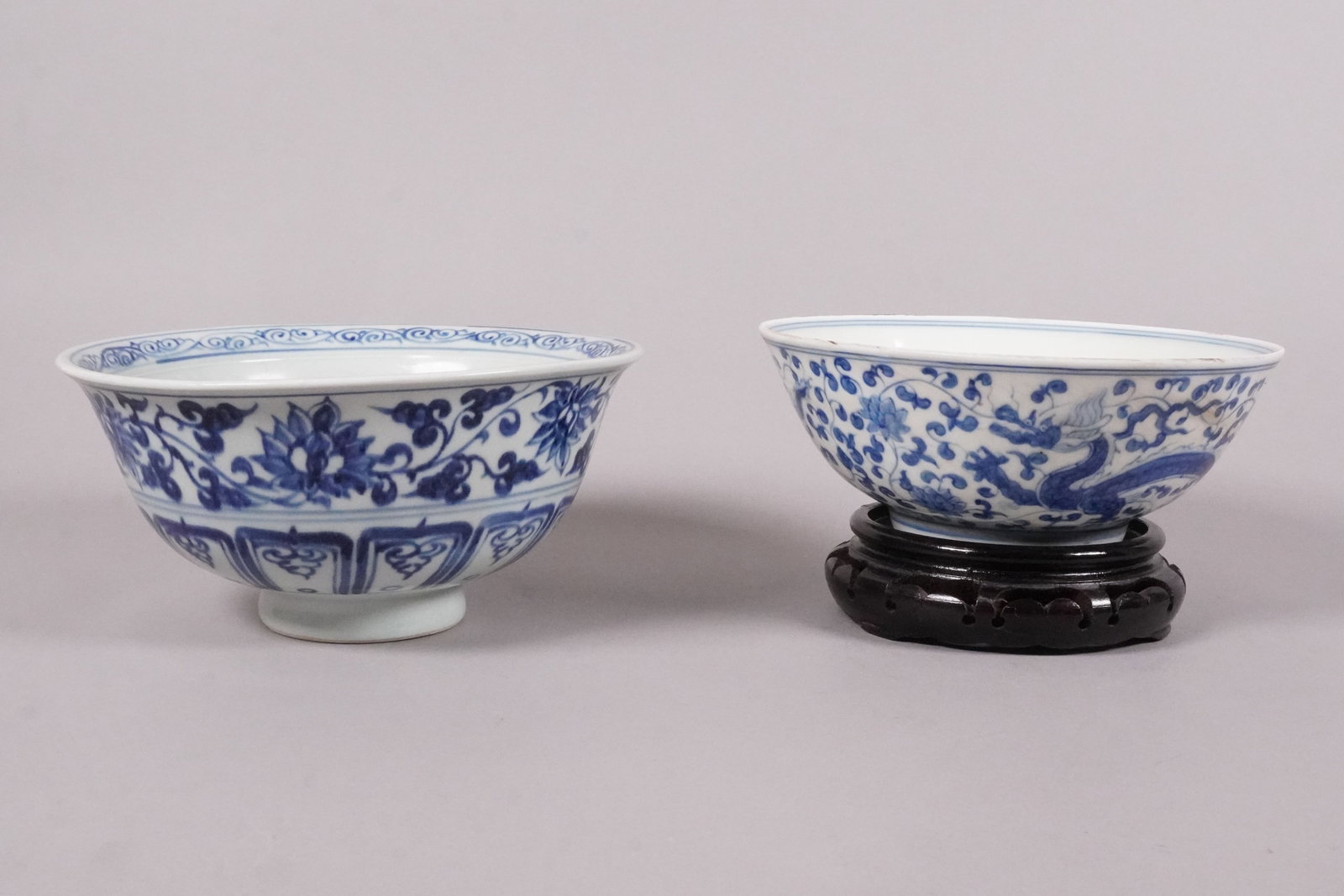 2 Chinese b/w fine bowls: 2 Chinese blue and white fine bowls. Largest H: 4" x W: 8."