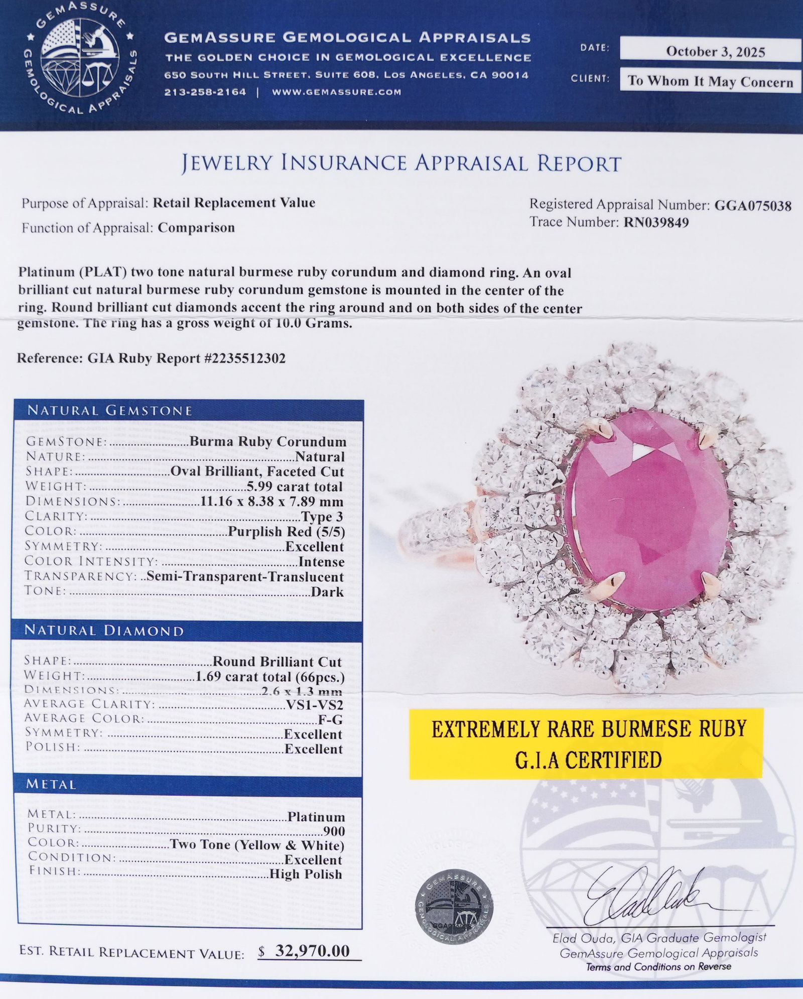 Platinum Burmese ruby diamond ring GIA cert - 8