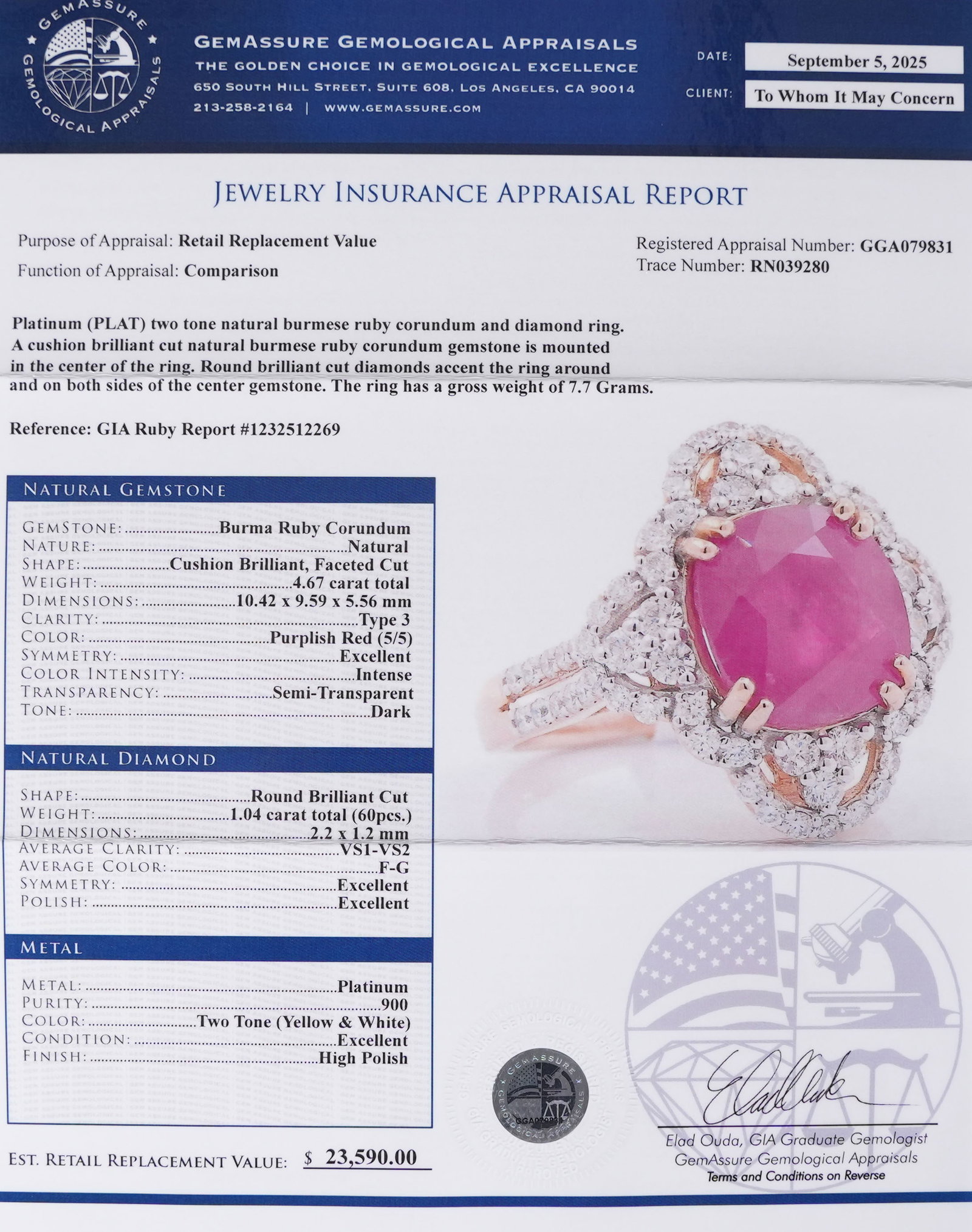 Platinum Burmese ruby and diaomond ring GIA cert - 8