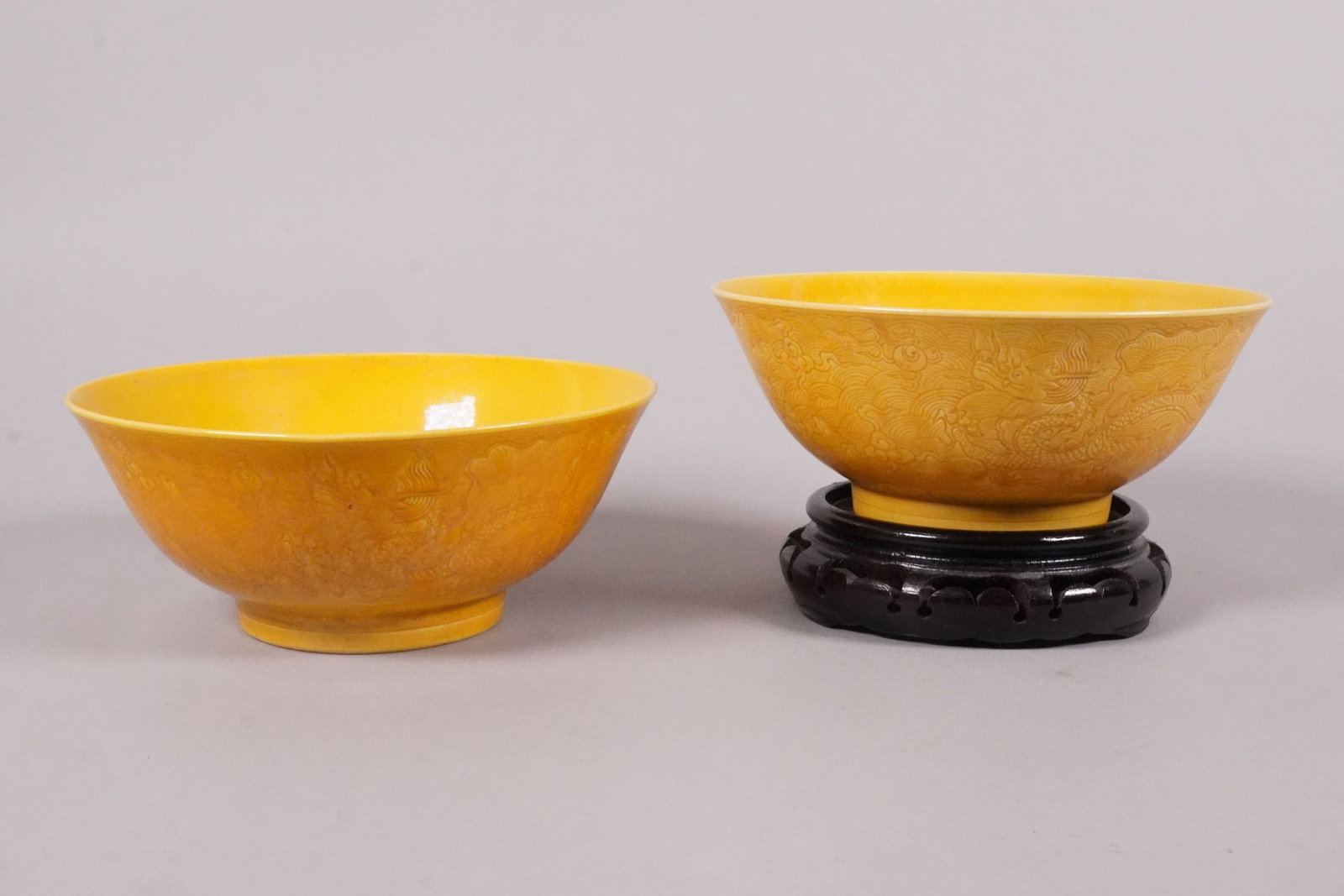 2 Chinese fine yellow bowls: 2 Chinese fine yellow bowls. H: 3" x W: 7.2."
