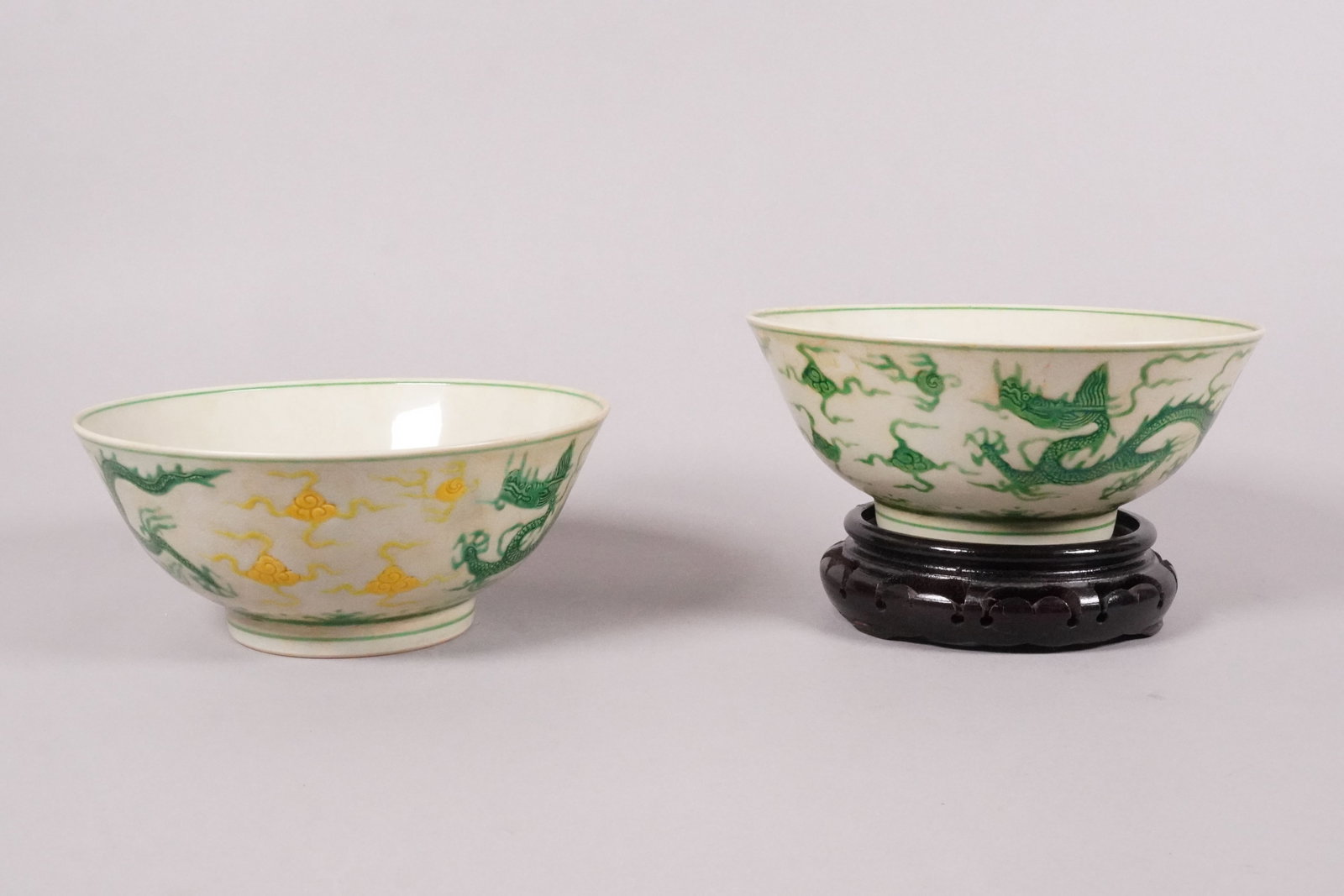 2 Chinese green dragon bowls: 2 Chinese green dragon bowls. H: 3" x W: 7.2."