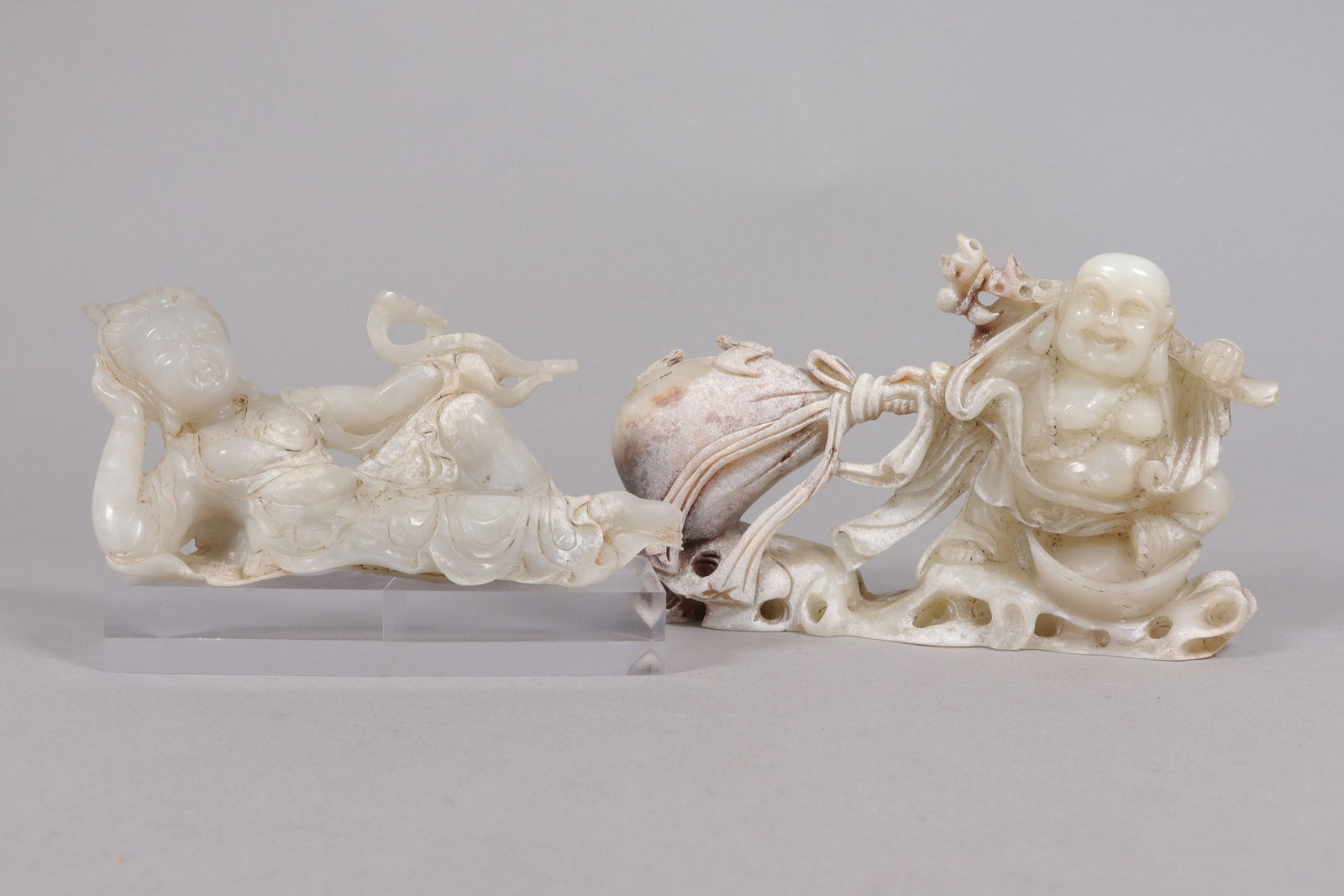 2 Chinese fine jade carved figures: 2 Chinese fine jade carved figures. Largest H: 5" x W: 8."